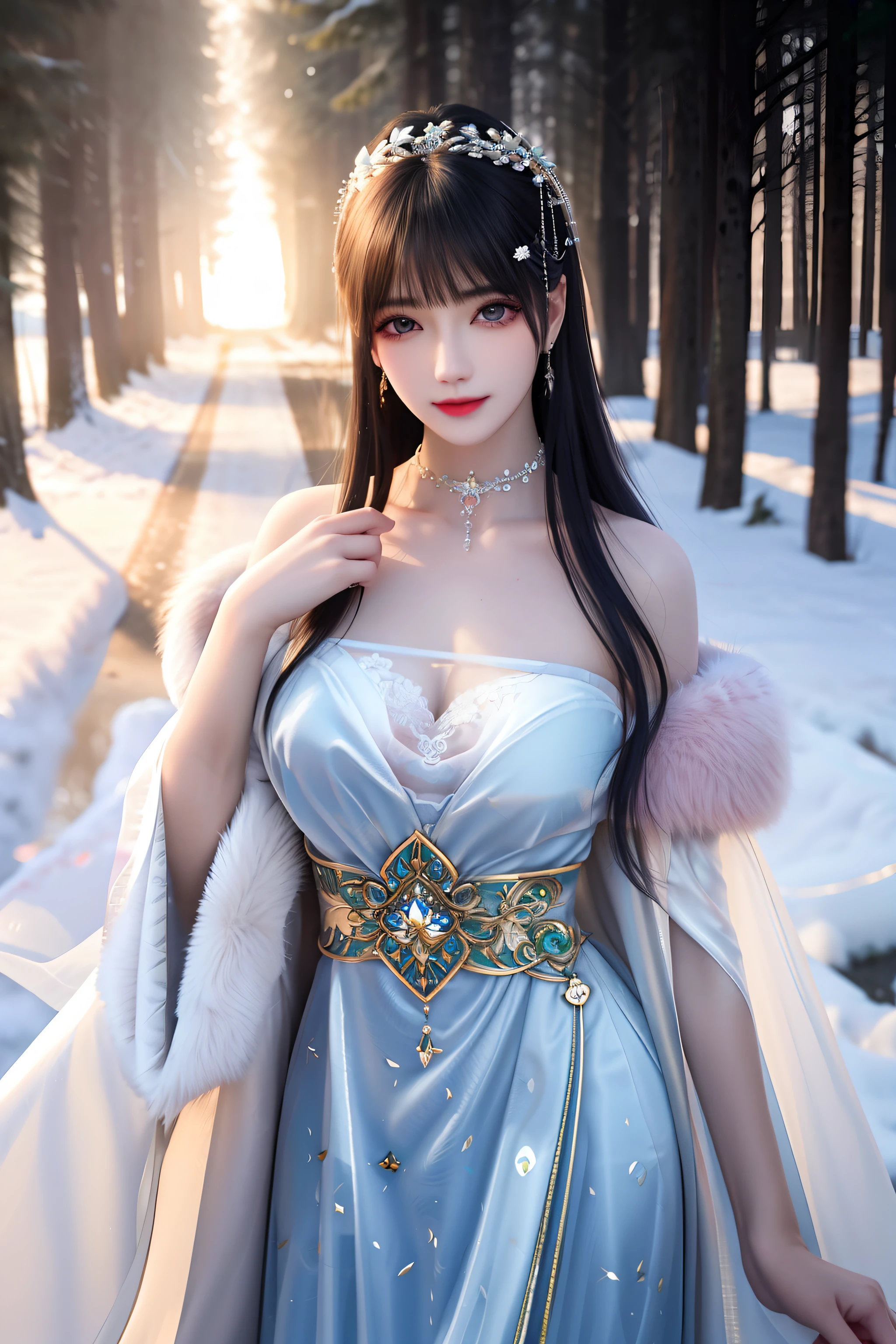 best qualityer,8K, tmasterpiece, A high resolution, 1girll, Clear silk porcelain dress, Fur coat, hair adornments, ssmile, Keep one's mouth shut, cparted lips,Large breasts,Shoulder, shift dresses, hair adornments, choker necklace, jewely, Chinese outfit, long whitr hair, 耳Nipple Ring, Detailed beautiful eyes, detailed eyelashes, beautiful face,after sexing_Body,Slender and long legs, Tyndall effect,realisticlying, edge lit, twotonelighting,(highdetailskin:1.2), 8K, Ultra HD, digital SLR camera, gentle illumination, high high quality, Volumetriclighting, Frankness, photore, A high resolution, Bokeh, at a forest, Falling snow, Winters, in the afternoon