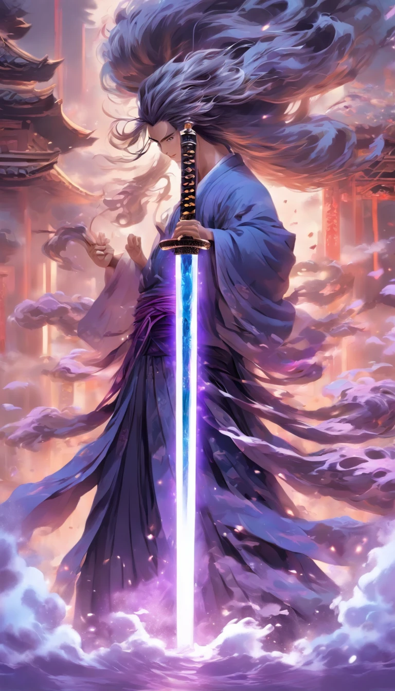 China-style,中景 the scene is,The Taoist priest stood in front of a huge transparent Chinese sword,Stretch your hands,Long messy hair,Glow effects,Hyper-realistic,Ultra photo realsisim,Chinese black and white ink style,The purple,Decolorization,Smudge,ink,8K,super-fine,high qulity,OC renderer