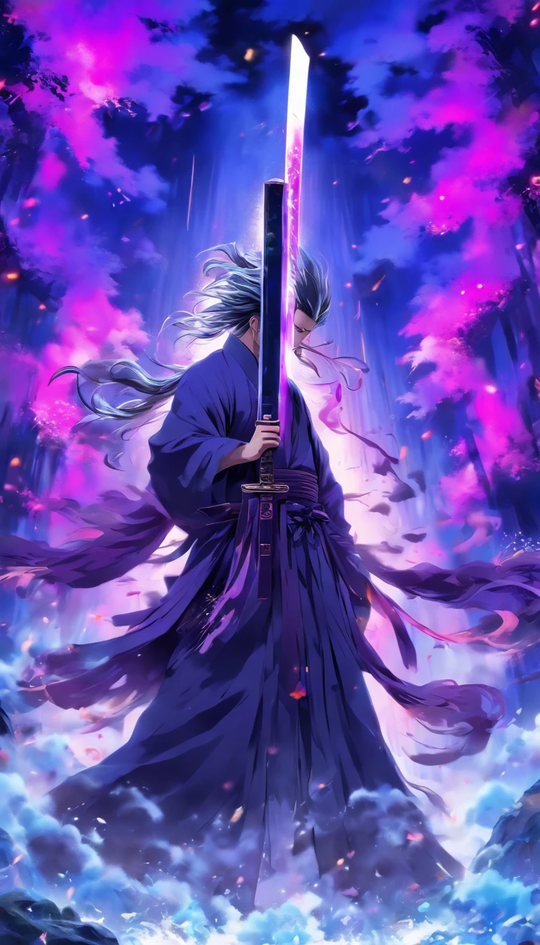 China-style，中景 the scene is，The Taoist priest stood in front of a huge transparent Chinese sword，Stretch your hands，Long messy hair，Glow effects，Hyper-realistic，Ultra photo realsisim，Chinese black and white ink style，The purple，Decolorization，Smudge，ink，8K，super-fine，high qulity，OC renderer