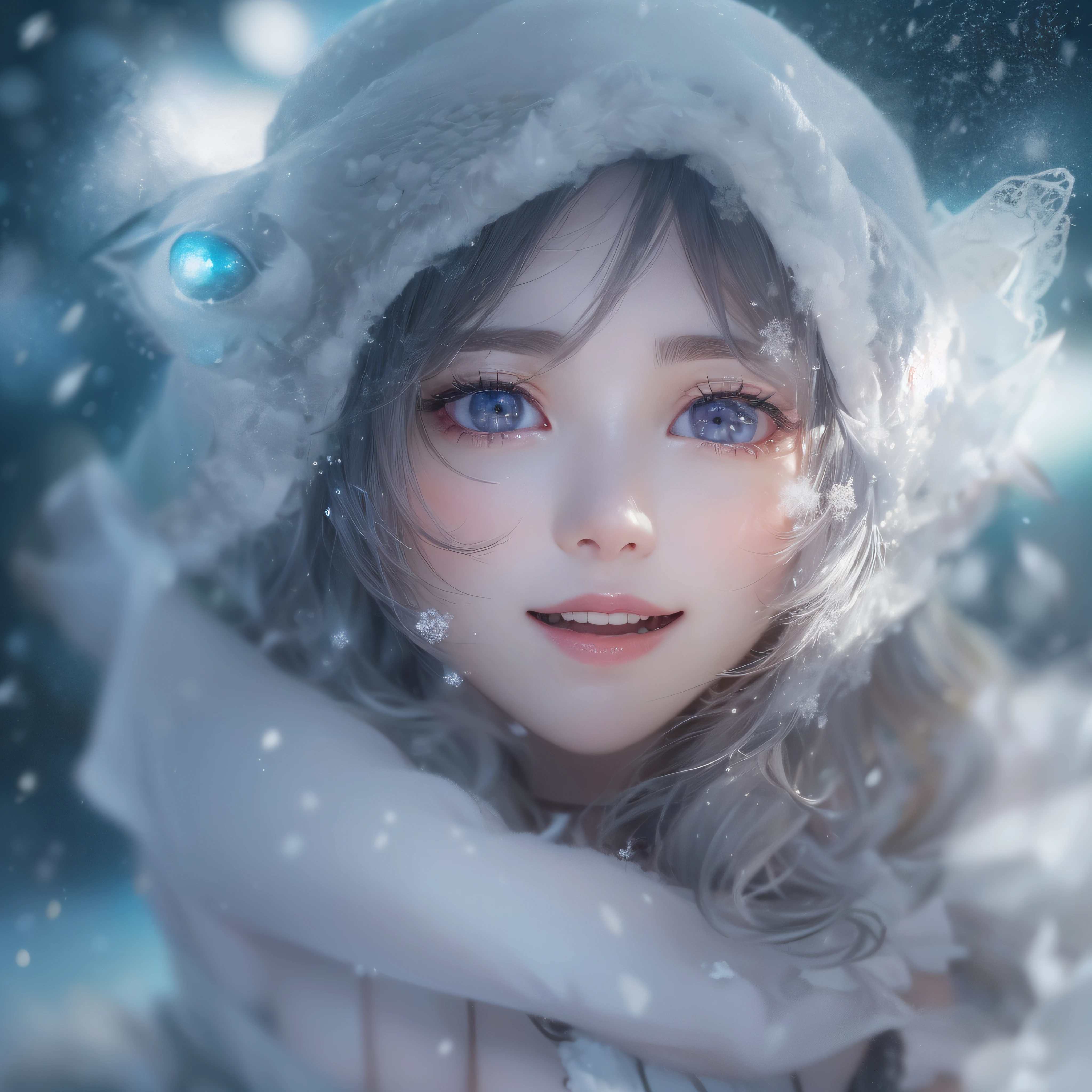 snowscape、Snow powder、Close up of smiling looking up、Close up of smiling looking up、Close up of smiling looking up、Facing the front、(masterpiece、realisitic、hight resolution)、(1 girl in):1.2)、Do-Up Eye、Korean Girl、(Best Quality), (masutepiece), (1girl in), Solo, Beautiful Girl, Perfect face, Big Breast,dreamlikeart、Highly detailed airbrush art(((Surreal))、intricate detailes、Volumetric lighting、(masterpiece:1.2)、(top-quality)、The ultra-detailliert、(The composition of the movement:1.4)、Highly detailed colorful details、(Bright lighting、Atmospheric lighting)、Magical、dynamic compositions、Ray traching、The mirror reflects light、Shallow depth of field、ultra-detailliert、mixing exposure、nffsw、Super masterpiece、Her eyes are glowing red、Silvery hair、Her face is full of anticipation and courage for adventure.、A smile comes to her lips、An air full of smiles and adventurous spirit、At the rear、Powder snow is falling on the snowy mountains。Its light brings the light of powder snow、Swaying powder snow creates a beautiful scenery..。Her courage and determination are condensed.、Eye-catching presence。Her eyes are shining。Powder snow、Powder snow
