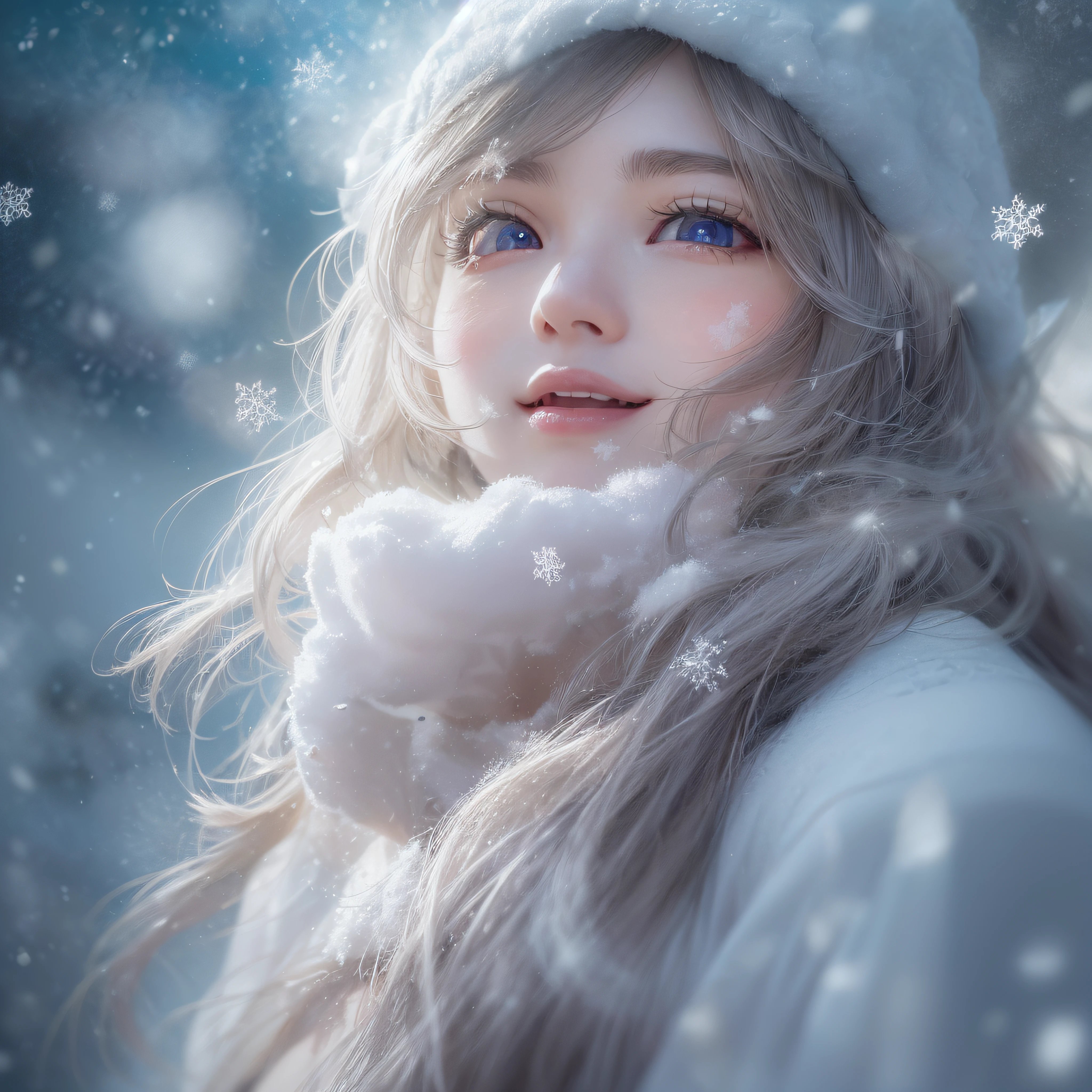 snowscape、Snow powder、Close up of smiling looking up、Close up of smiling looking up、Close up of smiling looking up、Facing the front、(masterpiece、realisitic、hight resolution)、(1 girl in):1.2)、Do-Up Eye、Korean Girl、(Best Quality), (masutepiece), (1girl in), Solo, Beautiful Girl, Perfect face, Big Breast,dreamlikeart、Highly detailed airbrush art(((Surreal))、intricate detailes、Volumetric lighting、(masterpiece:1.2)、(top-quality)、The ultra-detailliert、(The composition of the movement:1.4)、Highly detailed colorful details、(Bright lighting、Atmospheric lighting)、Magical、dynamic compositions、Ray traching、The mirror reflects light、Shallow depth of field、ultra-detailliert、mixing exposure、nffsw、Super masterpiece、Her eyes are glowing red、Silvery hair、Her face is full of anticipation and courage for adventure.、A smile comes to her lips、An air full of smiles and adventurous spirit、At the rear、Powder snow is falling on the snowy mountains。Its light brings the light of powder snow、Swaying powder snow creates a beautiful scenery..。Her courage and determination are condensed.、Eye-catching presence。Her eyes are shining。Powder snow、Powder snow