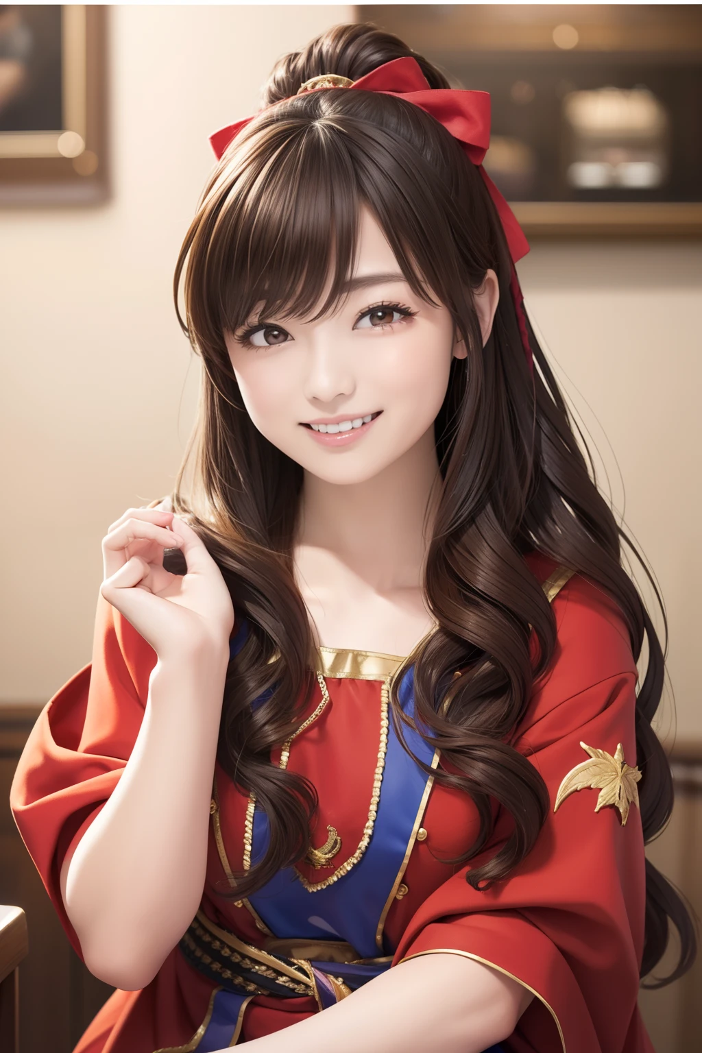 The upper part of the body、an oil painting、masterpiece、top-quality、hight resolution、80Costumes of age idols、Costumes of old idols、a smile、Brown hair、Long、perm、I tie my hair with a ribbon、