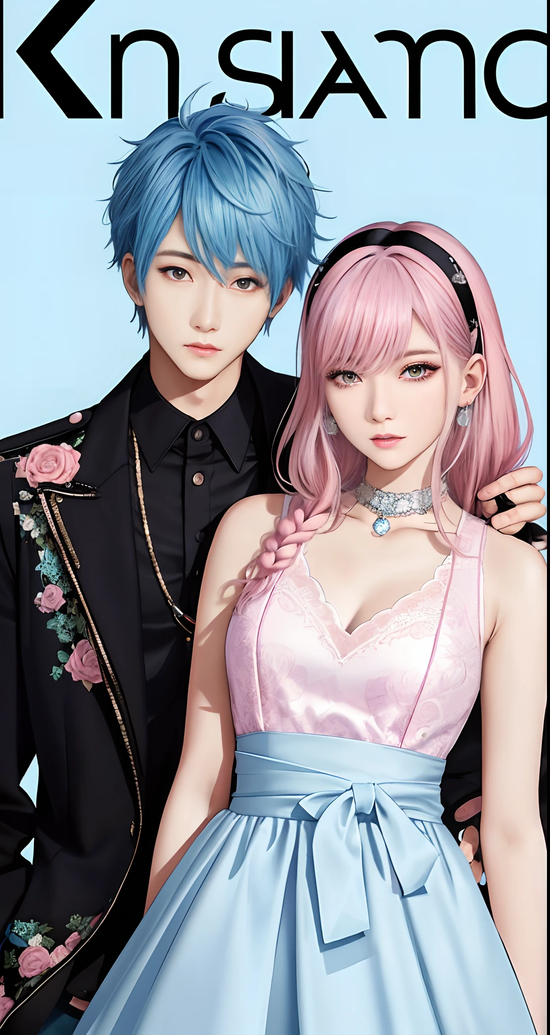 ((Male and female couples)), window, Idol Photos, Magazine covers, Photos of actors, Professional Photos, Height difference, tall male, Happiness, youthfulness, extra detailed face, detailed punk hair, very detailed character, inspired by Sim Sa-jeong, Cai Xukun's, detailed realistic faces, highly detailed realistic face, high detailed face anime, realistic detailed face, Accurate detailed face, attractive androgynous humanoid, Cool Korean fashion in black, ((With a man with light blue hair)), ((Woman with pink hair)), ((Woman with long hair below waist)), ((Man with short hair over ears)), ((Pink hair woman with gentle expression)), ((Man with light blue hair with wild expression)), high-level image quality, ​masterpiece, Photographed so that the whole body can be seen, Photographed to make clothes look beautiful, Take your eyes off, ((two individuals)), ((British couple))