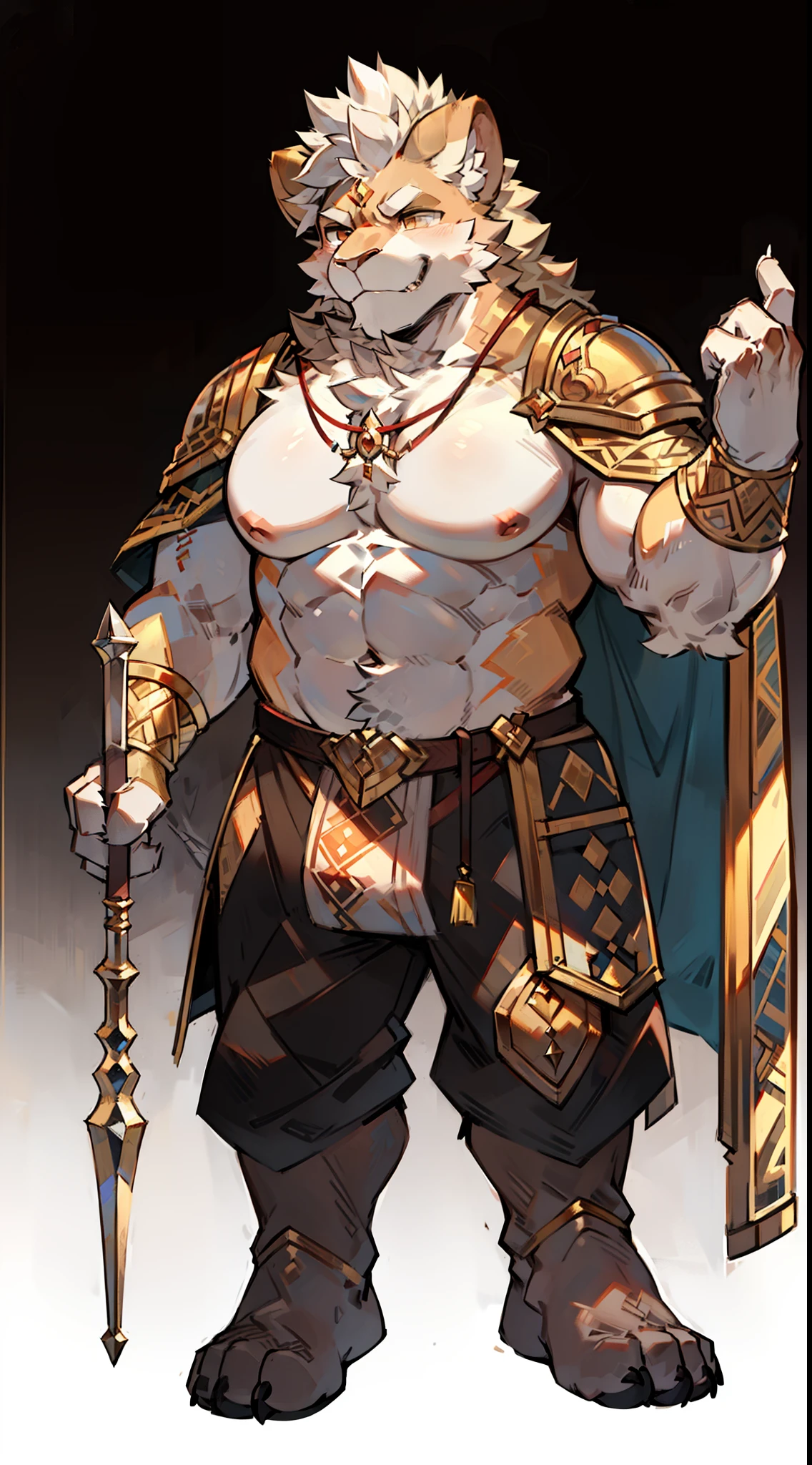 Mature male,Solo,Lion Man,Anthropomorphic male lion,Long hairs,musculous,vast pecs,broad shoulder,Thick-breasted,Huge crotch bulge,Bare topless,Thigh-to-toe unobstructed,cavalier,Golden armor,Side Body,On the battlefield, Holding a spear pointing into the distance,Look visually in the direction the spear is pointing,Stand up,full bodyesbian,in a panoramic view,High picture quality,High- sharpness,tmasterpiece,intricately details,Rich background,Larger scale background,8K
