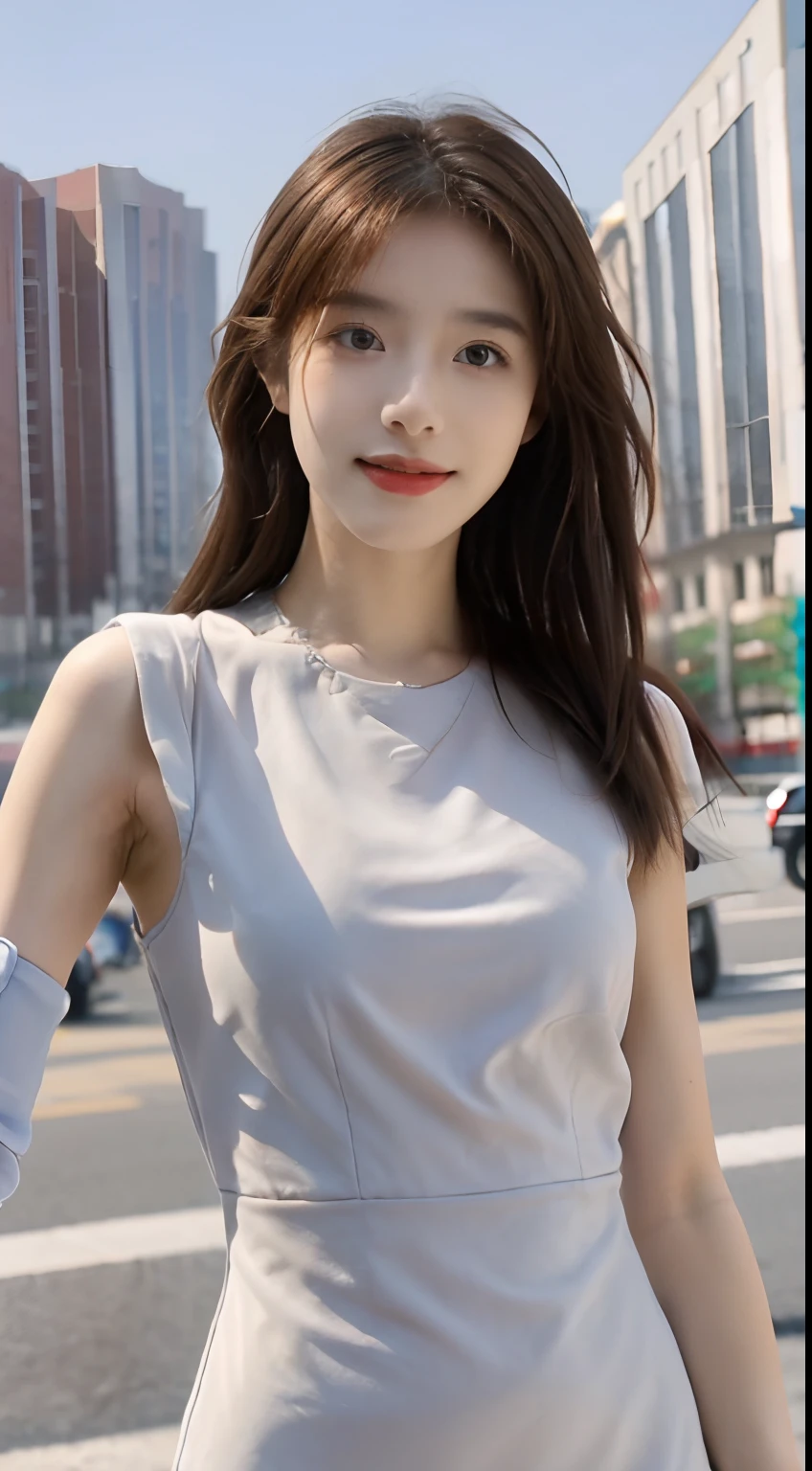 ((Best picture quality, 8K, tmasterpiece: 1.3)), self-shot,（full bodyesbian：1.5）， Sharp focus: 1.2, A cute beauty with a perfect figure: 1.4, Slim， ((Brown hair black)) , (sleevelessdress，Highly detailed face，Happy expression，standing on your feet：1.2），（（A city with blue skies and white clouds）），Highly detailed facial and skin texture，Detailed eyes，二重まぶた，Ray traching