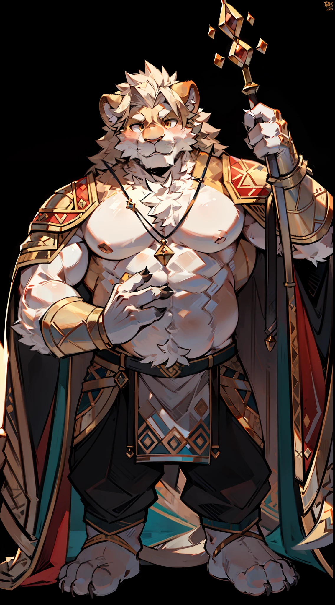 Mature male，Solo，Lion Man，Anthropomorphic male lion，Long hairs，musculous，vast pecs，broad shoulder，Thick-breasted，Huge crotch bulge，Bare topless，Thigh-to-toe unobstructed，cavalier，Golden armor，Side Body，On the battlefield, Holding a spear pointing into the distance，Look visually in the direction the spear is pointing，Stand up，full bodyesbian，in a panoramic view，High picture quality，High- sharpness，tmasterpiece，intricately details，Rich background，Larger scale background，8K