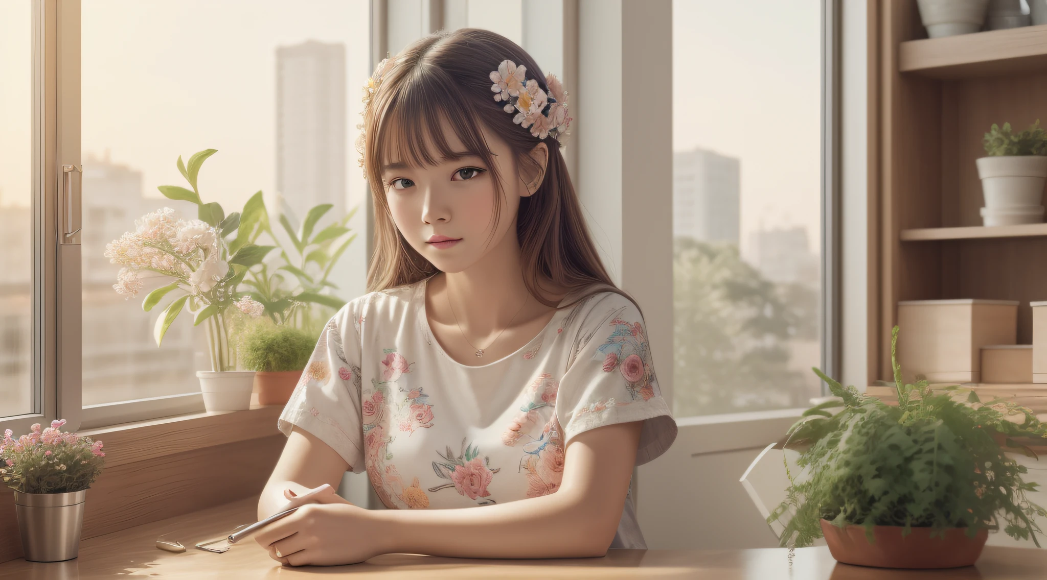 Masterpiece,Best Quality,Masterpiece,Best Quality,official arts,extremely detailed CG unity 8k wallpaper,Light retro color,RISO Print Style,illustartion,Cute,1girl,Flowers,windowsill,flower pot,Drink coffee,.