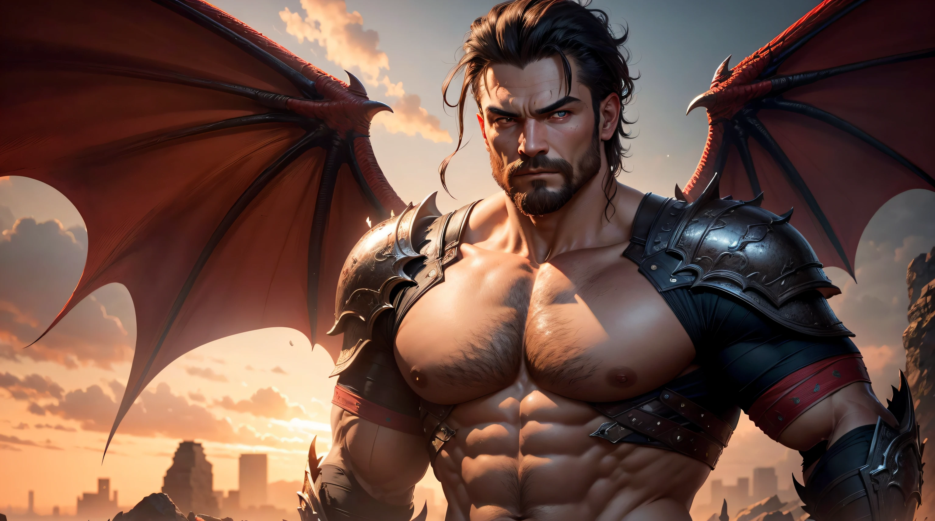 Strong man, warrior, with dragon wings, red eyes, Realism, Hyperrealistic, Photorealistic, Detailed, humanized face, perfect face, perfect framing with all the details within the image, best quality, 8k