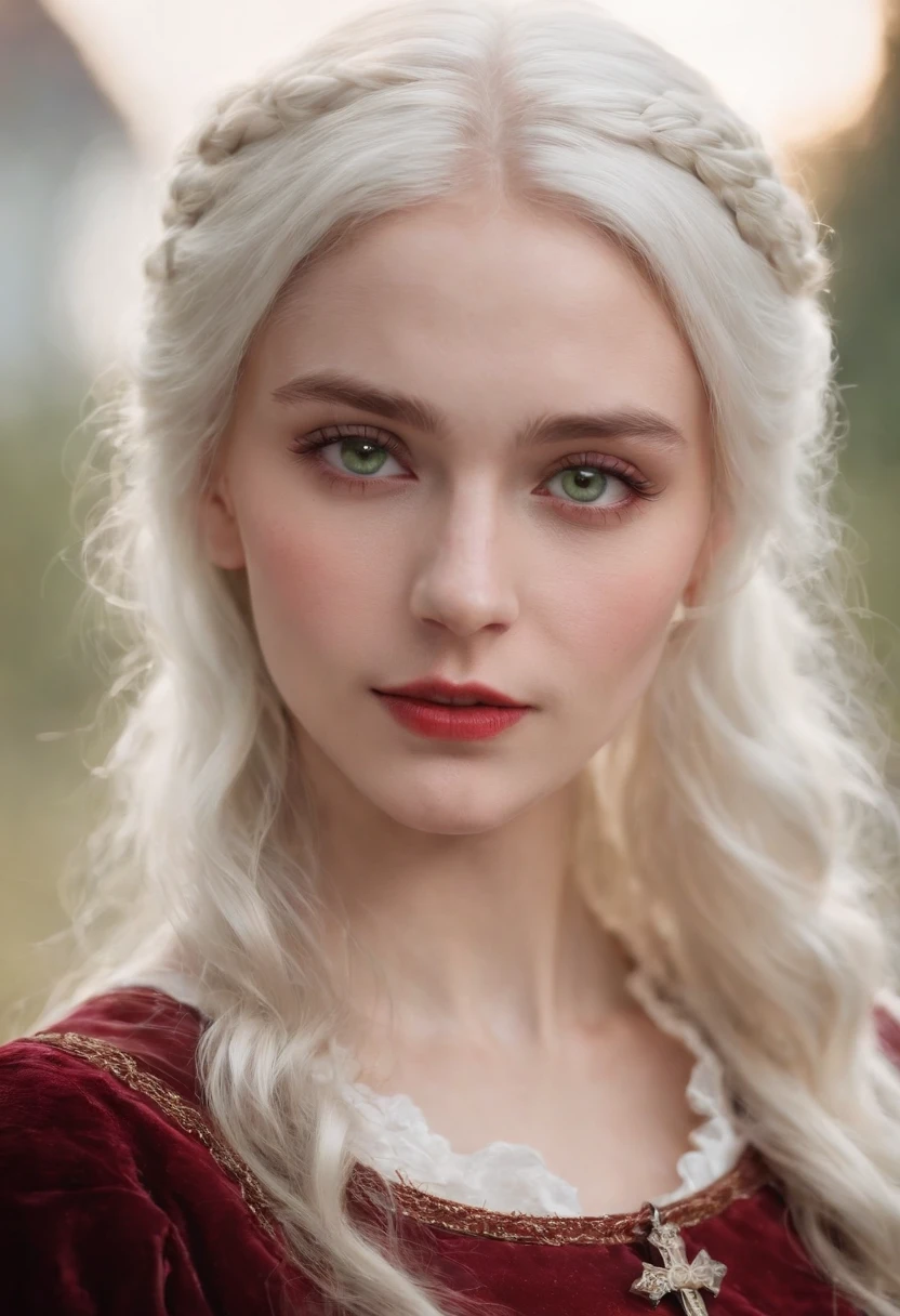 (((A crimson wound streaked across her left cheek))) Fair complexion, A woman around 19 years old, Natural gray hair, Unique green eyes, Wear Cole, Slender and graceful, Beautiful, Have a pair of full breasts,Half of the breasts are exposed,areola of breast,Candlelight in a medieval setting, super sharp focus, realistic lens, Medieval women's clothing, Four colors (Scar:1.4)