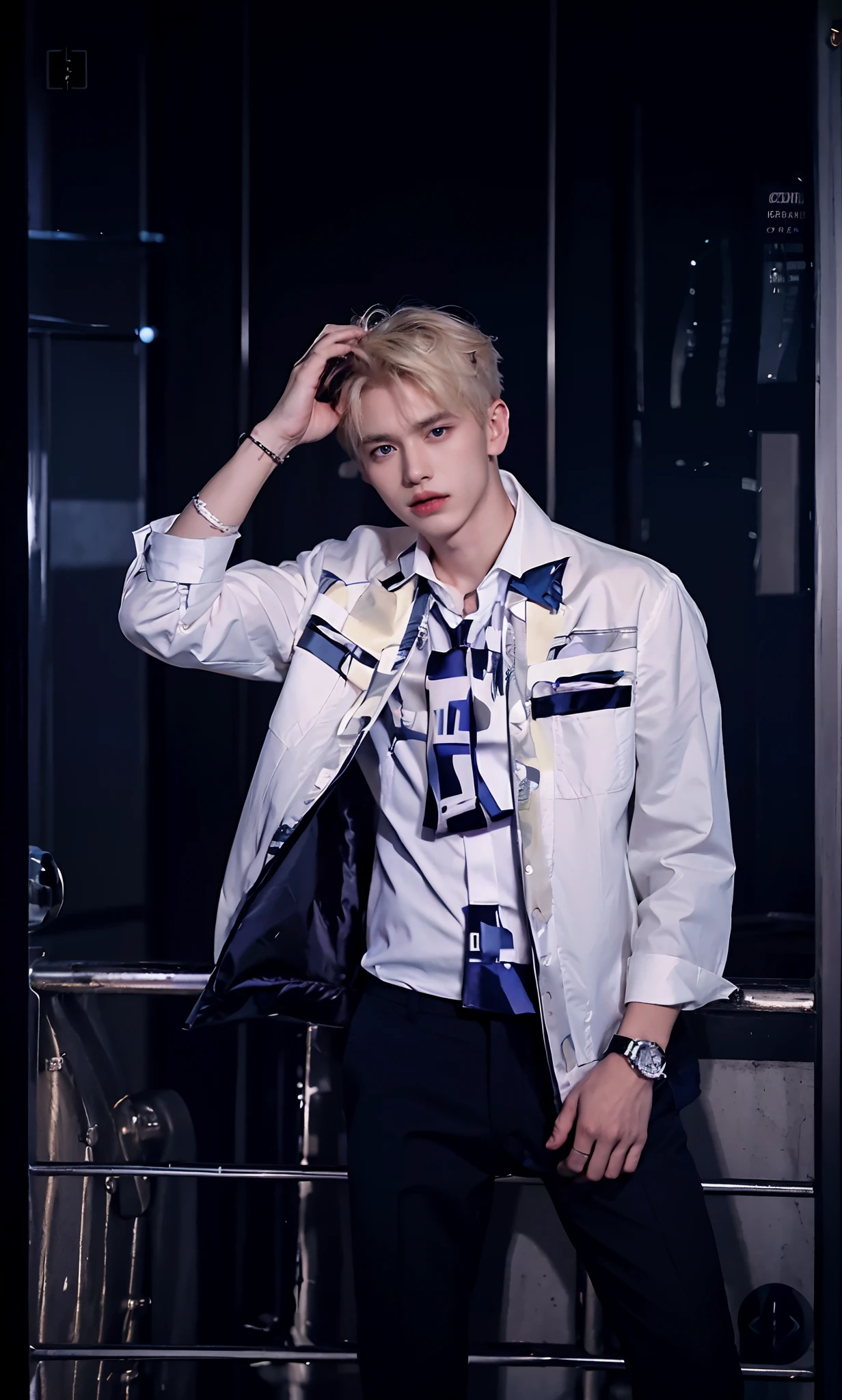 1 boy,male focus, looking at viewer, solo, formal, shirt, suit, black necktie, white shirt, blonde hair, black jacket, short hair, blurry, cxk, Best quality, 4k, rich details, light and shadow,