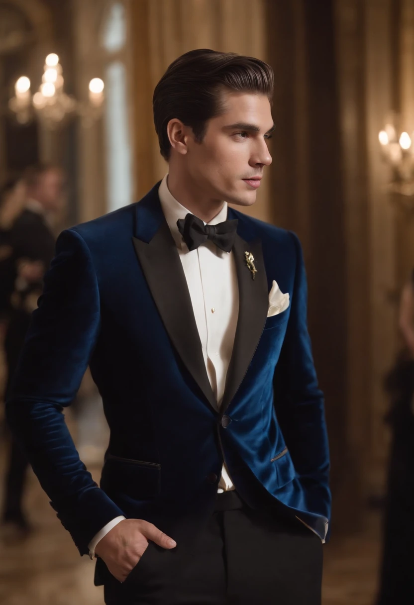 Whindersson Nunes"Imagine impeccable gala attire: a custom-made, midnight-blue velvet dinner jacket that shimmers under the chandeliers, paired with tailored black trousers that accentuate his height. A crisp, snow-white dress shirt, unbuttoned at the collar, reveals a glimpse of a gold chain. His patent leather shoes gleam with each step, and his perfectly groomed hair adds an air of sophistication. As he enters the grand ballroom, all eyes turn to admire his impeccable style and undeniable presence, making him the epitome of elegance at the prestigious gala."