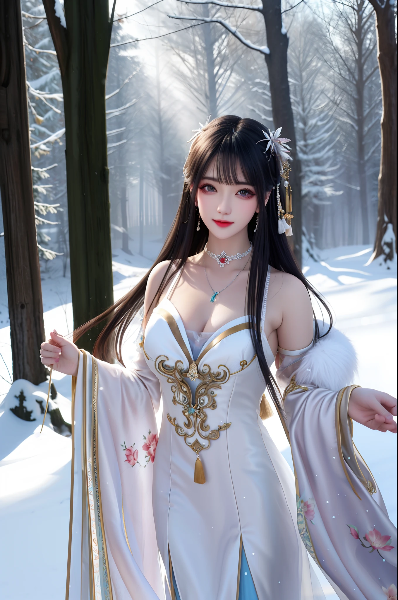 best qualityer,8K, tmasterpiece, A high resolution, 1girll, Clear silk porcelain dress, Fur coat, hair adornments, ssmile, Keep one's mouth shut, cparted lips,Large breasts,Shoulder, shift dresses, hair adornments, choker necklace, jewely, Chinese outfit, long whitr hair, 耳Nipple Ring, Detailed beautiful eyes, detailed eyelashes, beautiful face,after sexing_Body, Tyndall effect,realisticlying, edge lit, twotonelighting,(highdetailskin:1.2), 8K, Ultra HD, digital SLR camera, gentle illumination, high high quality, Volumetriclighting, Frankness, photore, A high resolution, Bokeh, at a forest, Falling snow, Winters, in the afternoon