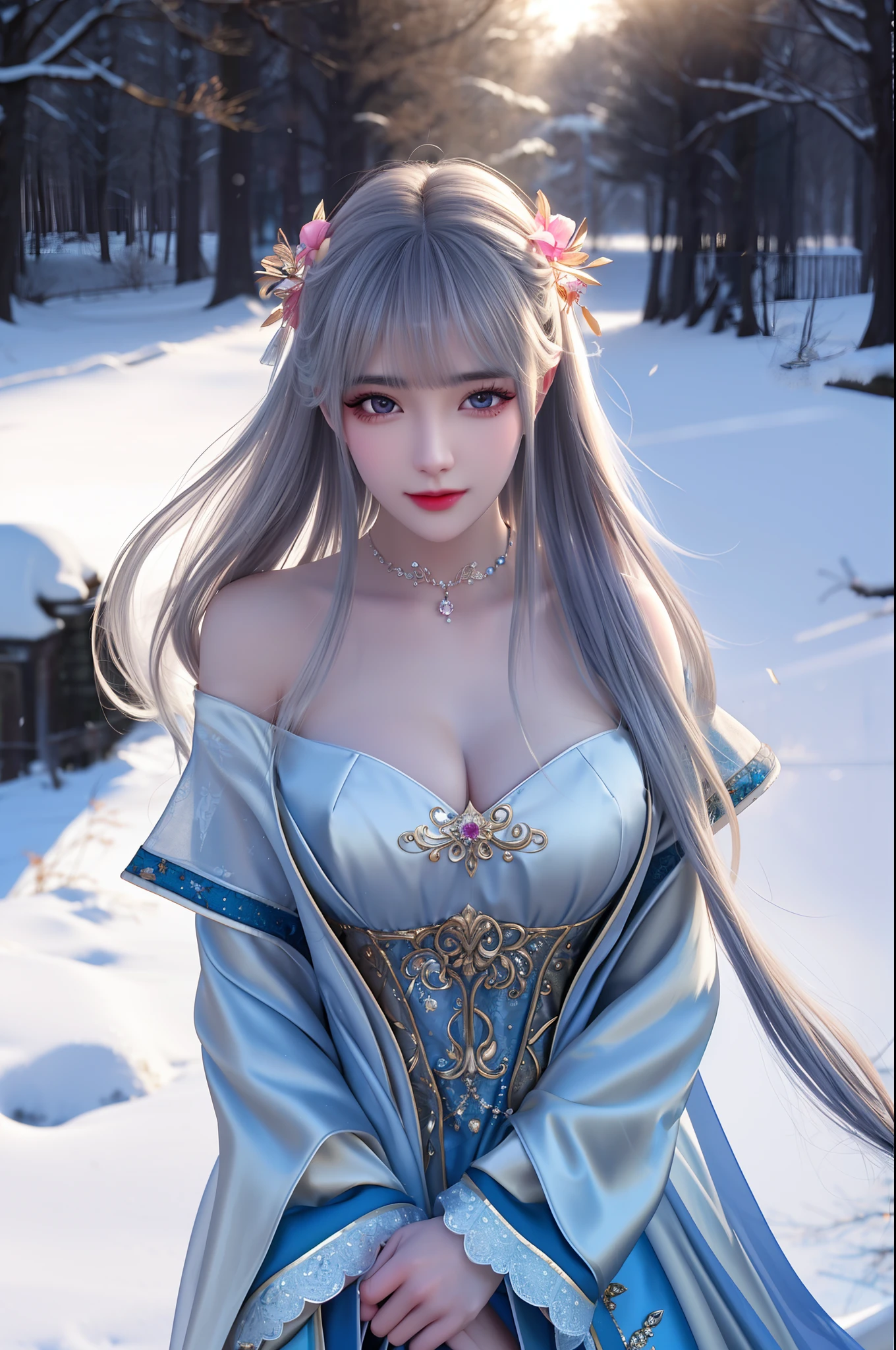 best qualityer,8K, tmasterpiece, A high resolution, 1girll, Clear silk porcelain dress, Fur coat, hair adornments, ssmile, Keep one's mouth shut, cparted lips,Large breasts,Shoulder, shift dresses, hair adornments, choker necklace, jewely, Chinese outfit, long whitr hair, 耳Nipple Ring, Detailed beautiful eyes, detailed eyelashes, beautiful face,after sexing_Body,Slender and long legs, Tyndall effect,realisticlying, edge lit, twotonelighting,(highdetailskin:1.2), 8K, Ultra HD, digital SLR camera, gentle illumination, high high quality, Volumetriclighting, Frankness, photore, A high resolution, Bokeh, at a forest, Falling snow, Winters, in the afternoon
