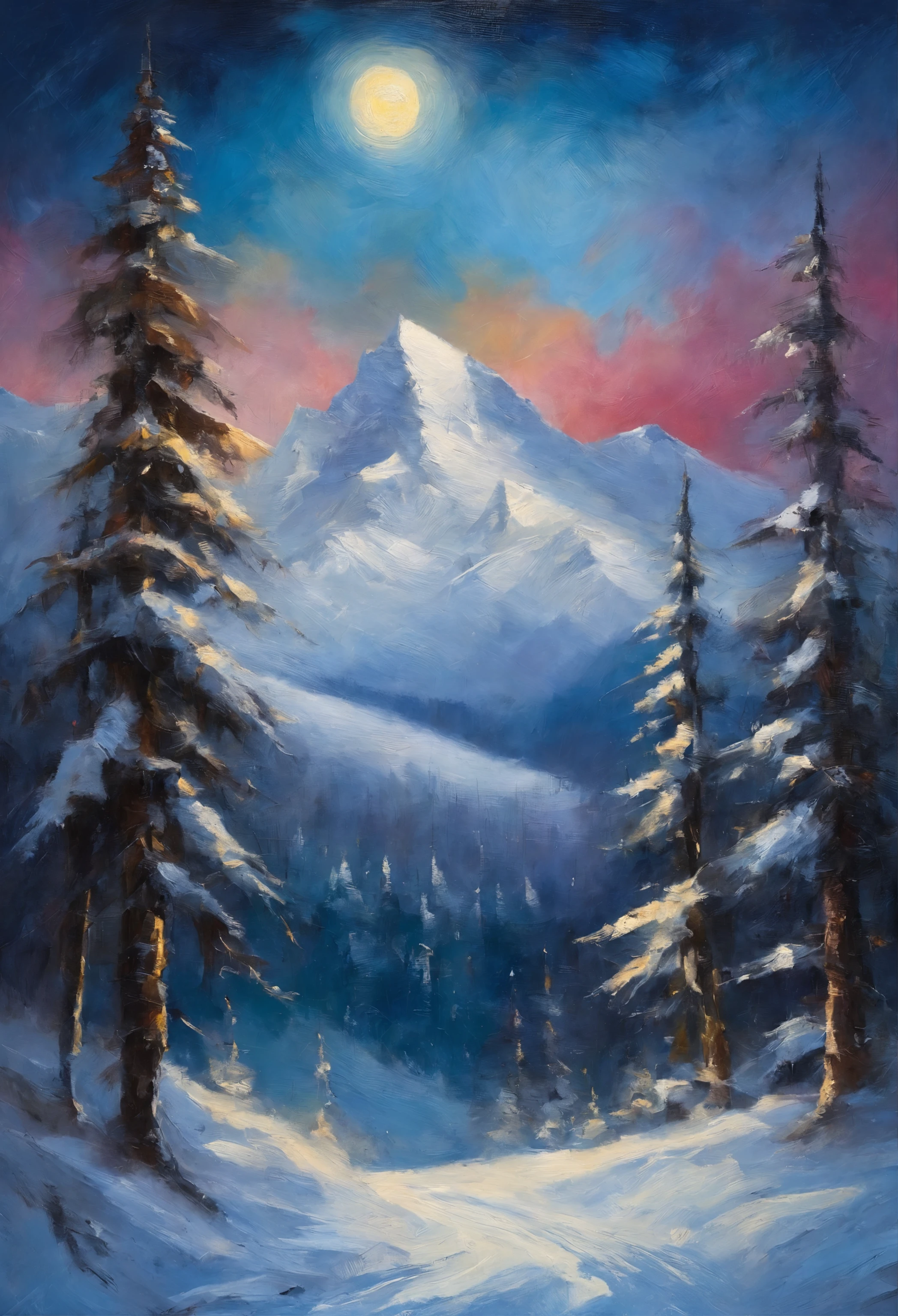 Snowy mountain night with snowy coniferous forest at the foot of the mountain。Full moon and many stars
