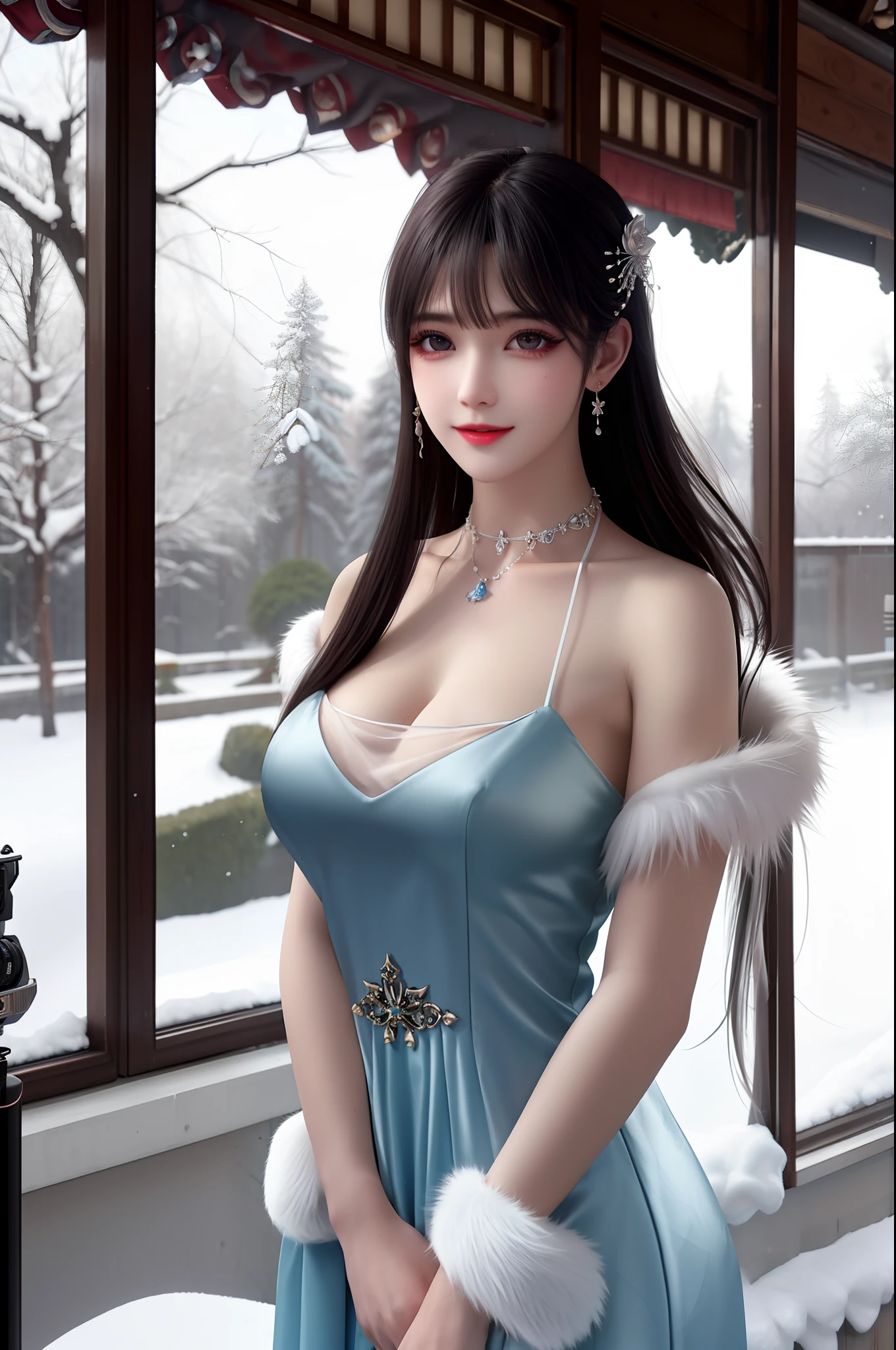 best qualityer，8K， tmasterpiece， A high resolution， 1girll， Clear silk porcelain dress， Fur coat， hair adornments， ssmile， Keep one's mouth shut， cparted lips，Large breasts，Shoulder， shift dresses， hair adornments， choker necklace， jewely， Chinese outfit， long whitr hair， 耳Nipple Ring， Detailed beautiful eyes， detailed eyelashes， beautiful  face，after sexing_Body， Tyndall effect，realisticlying， edge lit， twotonelighting，（highdetailskin：1.2）， 8K, Ultra HD， digital SLR camera， gentle illumination， high high quality， Volumetriclighting， Frankness， photore， A high resolution， Bokeh， at a forest， Falling snow， Winters， in the afternoon