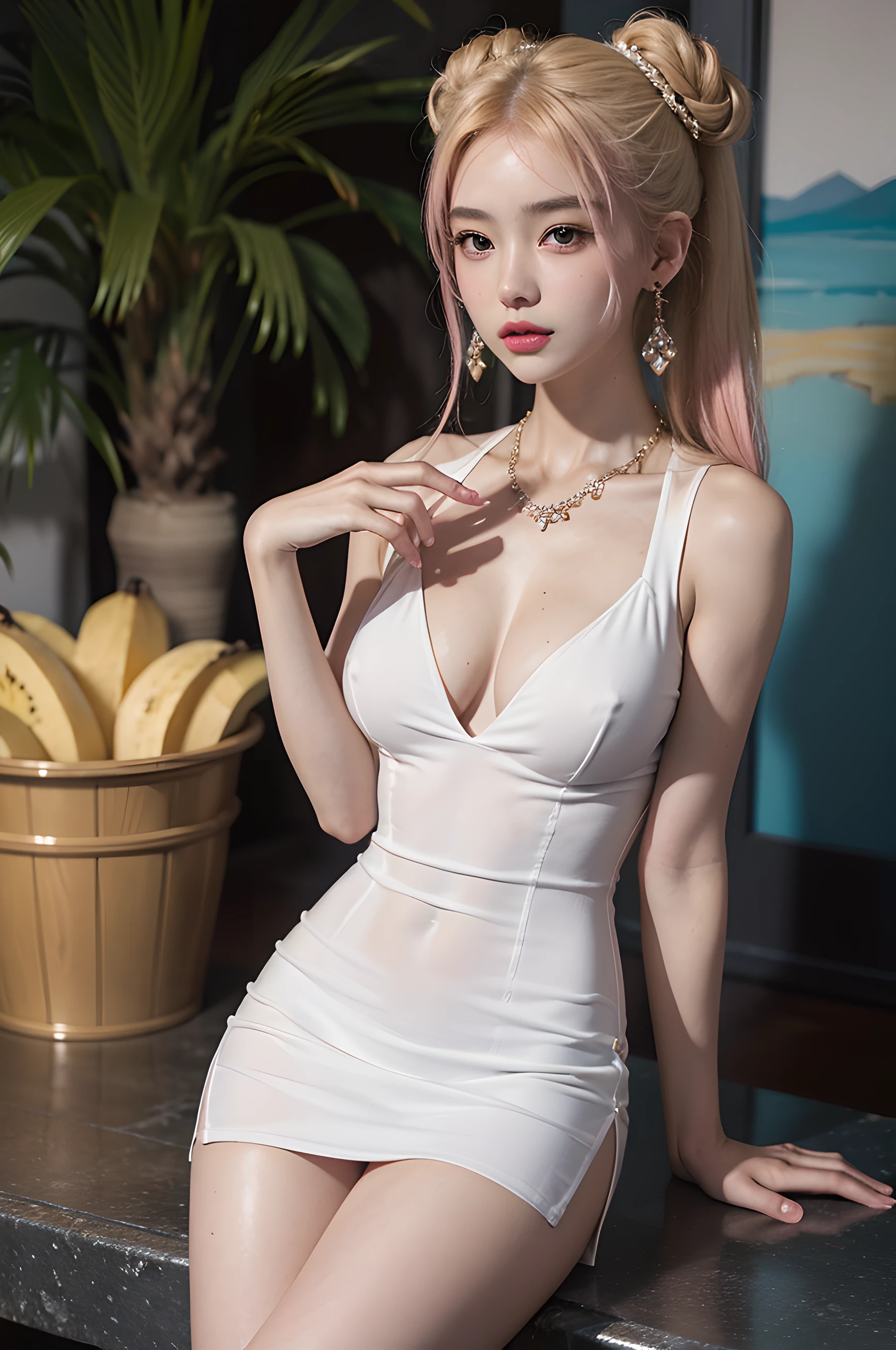 Have a plastic bucket on your head、Woman standing in front of beech with banana in one hand, 1girl in, Swimsuit, Solo, bikini of, food, Palm Tree, fruit, tree, day, Beach, Vaginal examination of a teenage girl, 1girl huge large breasts, 独奏, White polo shirt, White sneakers, Tennis Wear, white mini-skirt, masterpaintings, best qualtiy, Photorealsitic, ultra-detailliert, (shiny skins, perspired:1.4), Preposterous, looking at the spectator, With short black hair, Brown-eyed,slender,dynamic light and shadow, Sharp Focus,depth of view,The eyes are delicate,Sharp pupils,pupil realistic,(Colossal tits),(thick thight:1.0),outside of house,Skysky, ((of the highest quality, 8K, masutepiece: 1.3)), Solo, 1 girl, Sexy, Beautiful girl with accentuated slender abs: 1.4, (Flat breasts: 1.2), hyperdetailed face, Detailed eyes, Double eyelids, Selfie, (body builder:0.8), (qipao dress, gorgeous chinese model, Chinese dress, traditional chinese, chinese costume,No bra pads:1.2,shiny dress:1.5,Transparent dress:1.5),(Spread legs:1.2),on the gold bed,(Shiny skin:1.2),(muscle arm:1.3),(muscle leg:1.3),(Lie down:0.8),Necklace,(earrings:1.3),(double bun hair:1.3), (Two-tone hair:1.5,Blonde hair:1.1,Pink hair:1.2),(gorgeous jewels:1.3), (Front Focus), (In the Dark:1.6), Hyperrealist portrait of female by david hockney and alphonse mucha, Fantasy Art, photographrealistic, Dynamic lighting, art  stations, poster for, Volumetric lighting, extra detailed face, 4 k, awardwinning, 1girl in, In the Dark, deepshadow, lowkey, Cowboy Shot, (official clothing:1.4), Long hair, White hair