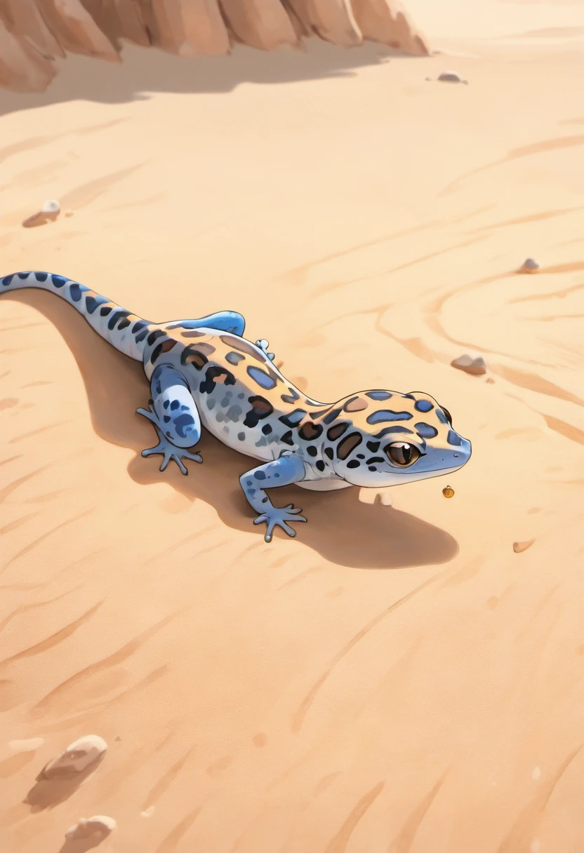 In this captivating illustration, a Leopard Gecko basks in the warmth of its desert habitat, showcasing its distinctive and endearing features. Leopard Geckos, known for their charming appearance and gentle disposition, are a beloved subject in the world of herpetology and wildlife art.

The Leopard Gecko's body is a tapestry of enchanting patterns and earthy tones. Its skin is adorned with intricate, dark leopard-like spots that contrast beautifully against a backdrop of creamy or tawny hues. These patterns, often unique to each individual, give the gecko its name and lend it an air of natural elegance.

One of the Leopard Gecko's most charming features is its large, expressive eyes. They possess a velvety, almost dreamy quality, radiating an inquisitive and gentle demeanor. The gecko's eyes are equipped with specialized adaptations, such as vertical pupils, which enhance its hunting abilities, and convey an air of captivating mystery. White background, 

The gecko's body is slender and graceful, with a prehensile tail that adds to its agility and charm. Its limbs are equipped with delicate, yet nimble toes, each adorned with adhesive toe pads that allow the gecko to navigate its rocky and arid habitat with ease. The gecko's mouth, finely detailed and often curved in a contented smile, hints at its insectivorous diet.

In this illustration, the Leopard Gecko is portrayed amidst a desert landscape, with its tail gracefully curled and its toes delicately clinging to a textured rock. The play of sunlight casts intriguing shadows and highlights on the gecko's skin, accentuating its natural beauty and adaptability to its environment.

This portrayal captures the essence of the Leopard Gecko's unique charm, making it a delightful tribute to this captivating and cherished reptile species. It embodies the wonder of the desert ecosystems they inhabit and serves as a reminder of the incredible diversity found in the worl