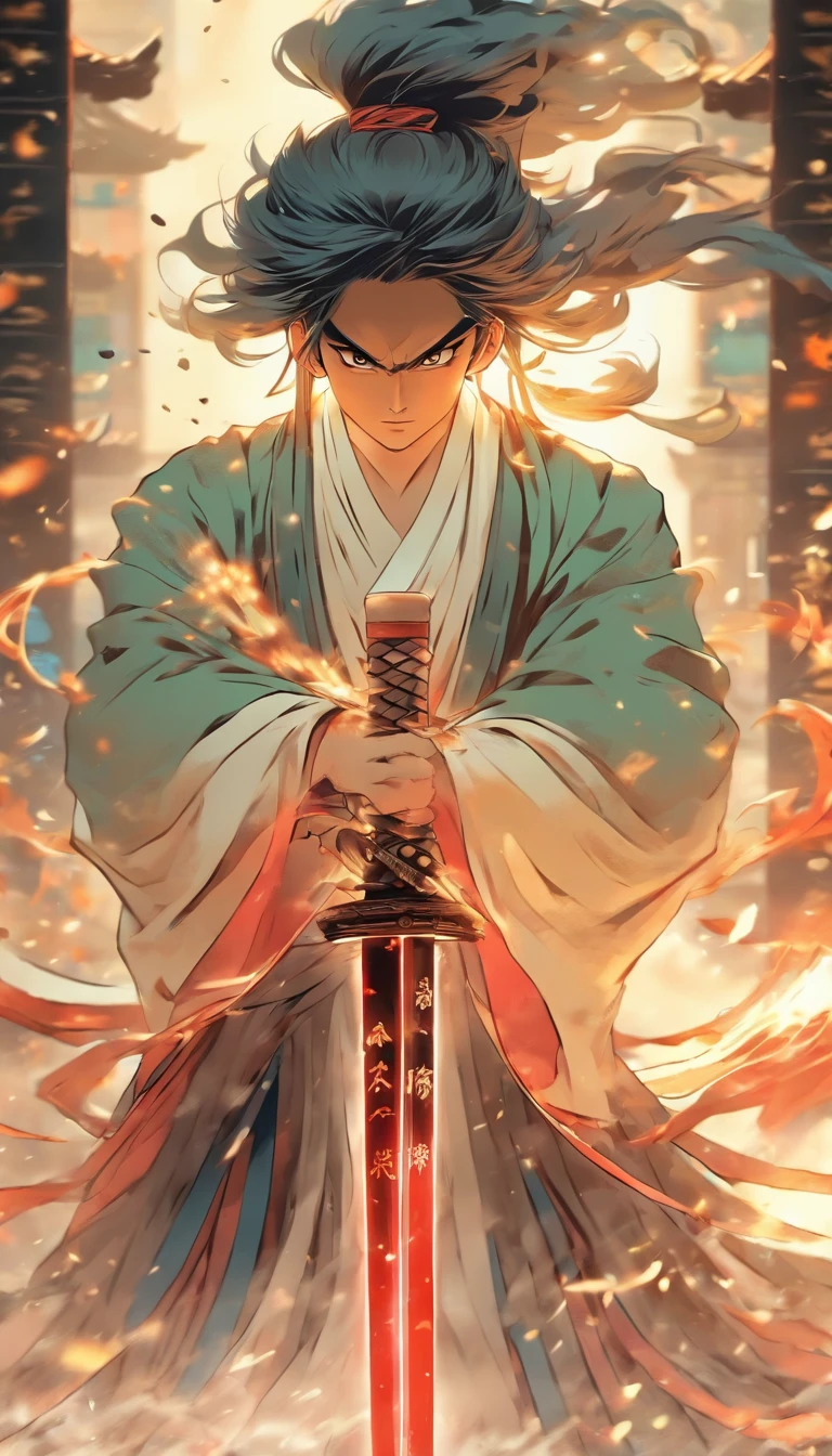 China-style,中景 the scene is,The Taoist priest stood in front of a huge transparent Chinese sword,Stretch your hands,Long messy hair,Glow effects,Hyper-realistic,Ultra photo realsisim,Chinese black and white ink style,Silver,Decolorization,Smudge,ink,8K,super-fine,high qulity,OC renderer