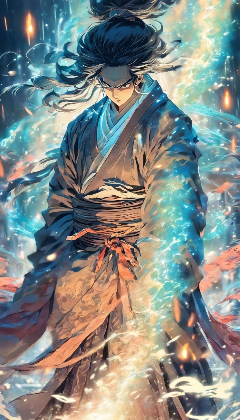 China-style，中景 the scene is，The Taoist priest stood in front of a huge transparent Chinese sword，Stretch your hands，Long messy hair，Glow effects，Hyper-realistic，Ultra photo realsisim，Chinese black and white ink style，Silver，Decolorization，Smudge，ink，8K，super-fine，high qulity，OC renderer