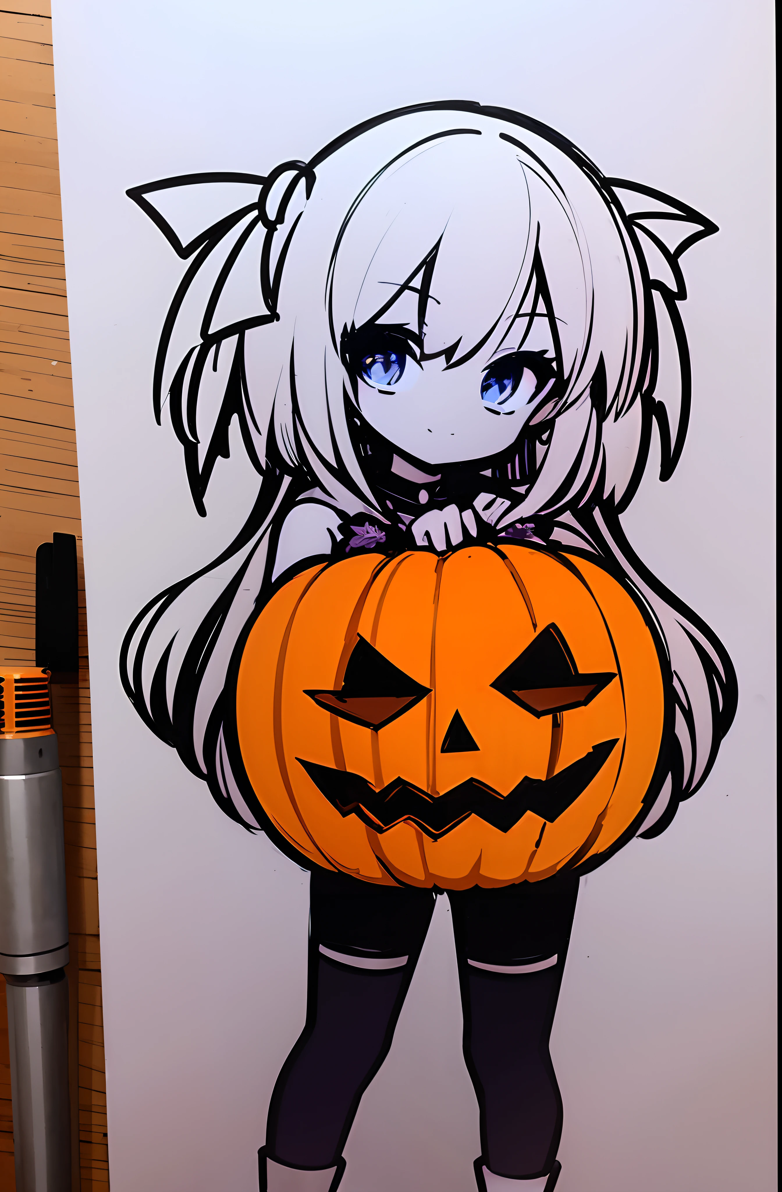 halloween logo project, cosplay girl, sketch drawing. pumpkin. good quality. artisitc sketch. Sticker project. blue eyes. red ribbons, sharp lines. White background.