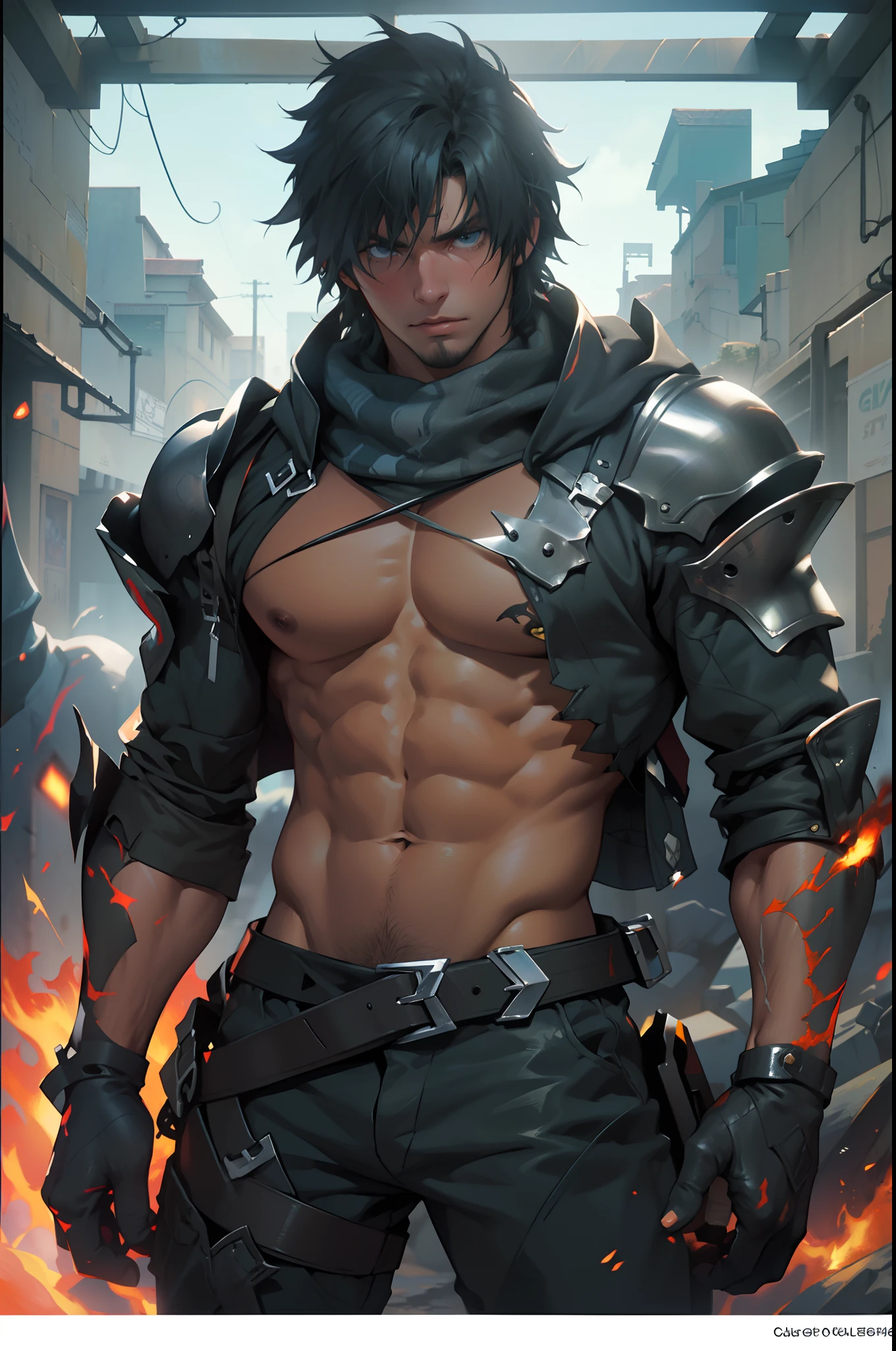 (absurdos, Altas Resoluciones, Ultra detallado, HDR), Obra maestra, La mejor calidad, final fantasy xvi, clive rosfield, 1hombre solamente, guapo, pelo corto, cabello negro, Ojos azules vibrantes, ojos finos y cara detalladas, (((Fuego, llamas, a su espalda)) Armadura, ((Arma intrincada)). Final Fantasy, clive rosfield,, abs, badass pose, Chico de anime con las manos en la cabeza, Hermosa pose de anime, Anime hombre guapo, Personaje masculino de anime, Badass Anime 8K, Arte detallado del personaje de anime, Concepto de anime HDR Anime MacManus, Chico anime, Ikuto Yamashita, Anime CG arte suave, Fondo de pantalla de manga 4 k, inspirado por Yamagata Hiro, Wallaper de anime