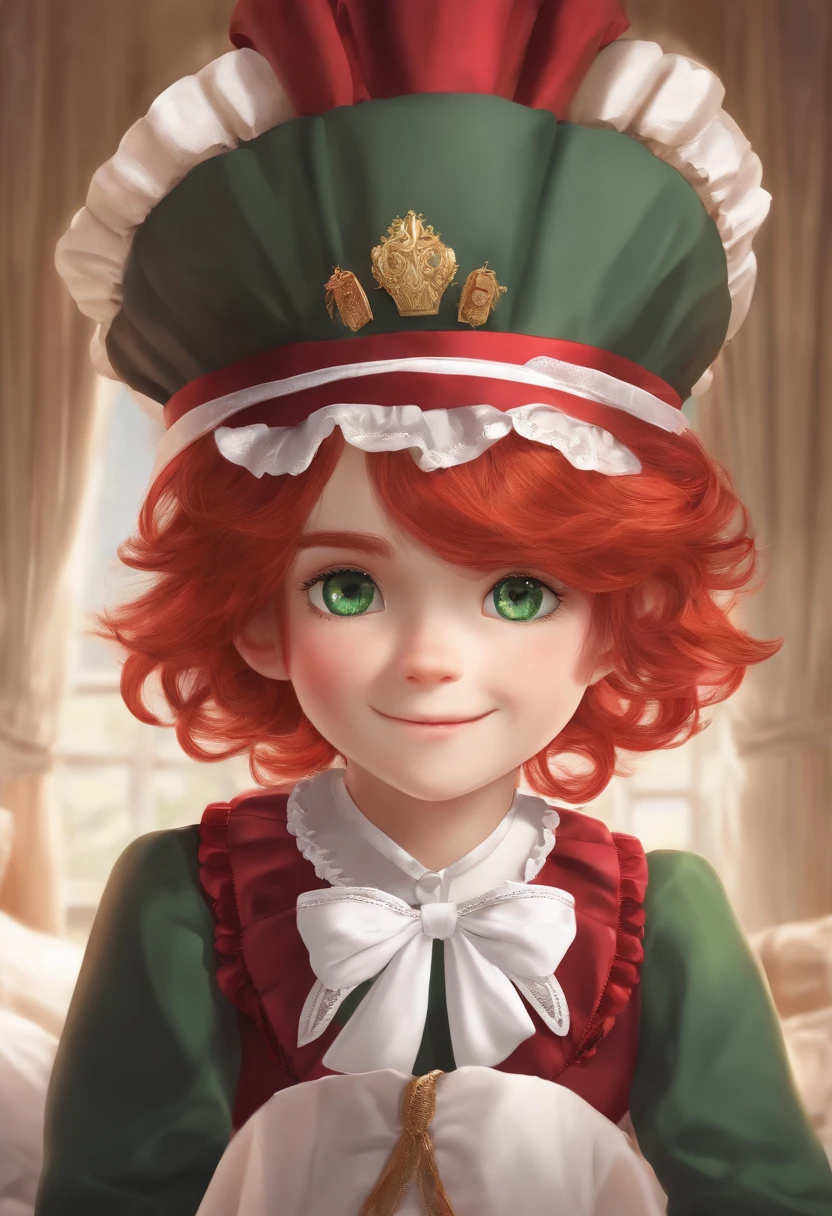 Best quality, Masterpiece, Solo, 1boys,  Smile,Red hair, maid, maid apronl, maid headdress, Green eyes,