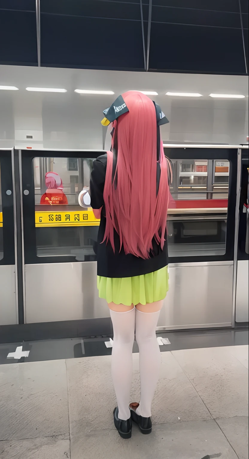 There was a woman with pink hair standing in front of the subway, Long straight and pink hair, Anime girl in real life, Pink hair and cyan eyes, Long pink hair, Long pink hair, Long flowing pink hair, the robot wearing her human mask, Anime girl cosplay, Extremely long hair, Huge pink hair, with pink hair, With long hair,Five-equal flower wedding cosplay,Nakano Jina COS character,Back Shadow,ultra-realistic realism,Wears flesh-pink mid-length stockings,Wear matte small leather shoes