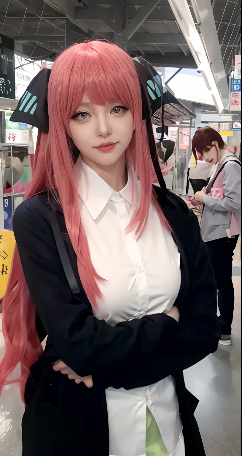 Woman with pink hair and black jacket, Anime girl in real life, Anime girl cosplay, Anime cosplay, as an anime character, realistic cosplay, rpgmaker, hyper realistic anime, belle delphine, professional cosplay, cosplay, Anime waifu, perfect android girl, the robot wearing her human mask, Realistic anime, In a Japanese anime style, with pink hair，Five-equal flower wedding cosplay，Nakano Jina COS character，blue colored eyes，Long pink hair，Good-looking silkworm