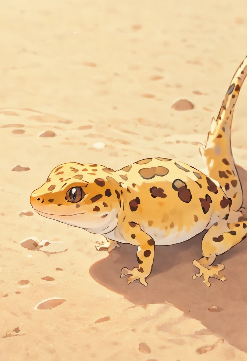 In this captivating illustration, a Leopard Gecko basks in the warmth of its desert habitat, showcasing its distinctive and endearing features. Leopard Geckos, known for their charming appearance and gentle disposition, are a beloved subject in the world of herpetology and wildlife art. Drawn by sowsow pokemon artist,

The Leopard Gecko's body is a tapestry of enchanting patterns and earthy tones. Its skin is adorned with intricate, dark leopard-like spots that contrast beautifully against a backdrop of creamy or tawny hues. These patterns, often unique to each individual, give the gecko its name and lend it an air of natural elegance.

One of the Leopard Gecko's most charming features is its large, expressive eyes. They possess a velvety, almost dreamy quality, radiating an inquisitive and gentle demeanor. The gecko's eyes are equipped with specialized adaptations, such as vertical pupils, which enhance its hunting abilities, and convey an air of captivating mystery. White background, 

The gecko's body is slender and graceful, with a prehensile tail that adds to its agility and charm. Its limbs are equipped with delicate, yet nimble toes, each adorned with adhesive toe pads that allow the gecko to navigate its rocky and arid habitat with ease. The gecko's mouth, finely detailed and often curved in a contented smile, hints at its insectivorous diet.

This portrayal captures the essence of the Leopard Gecko's unique charm, making it a delightful tribute to this captivating and cherished reptile species. White background, who of gecko is visible,