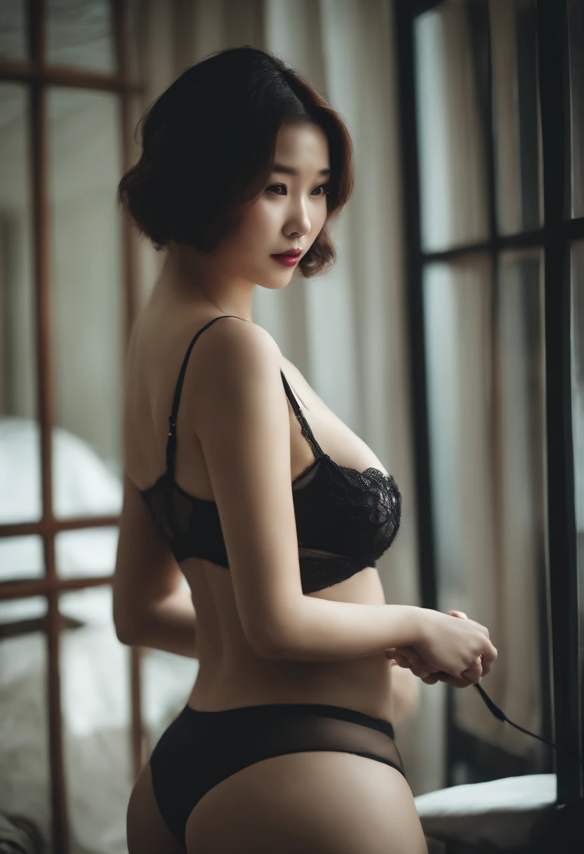 beautiful Korean women,shorth hair,high-heels,27yo,Whip whip,Underwear with see-through,de pele branca,Black garter stockings,Overweight,thighs thighs thighs thighs,Big butt