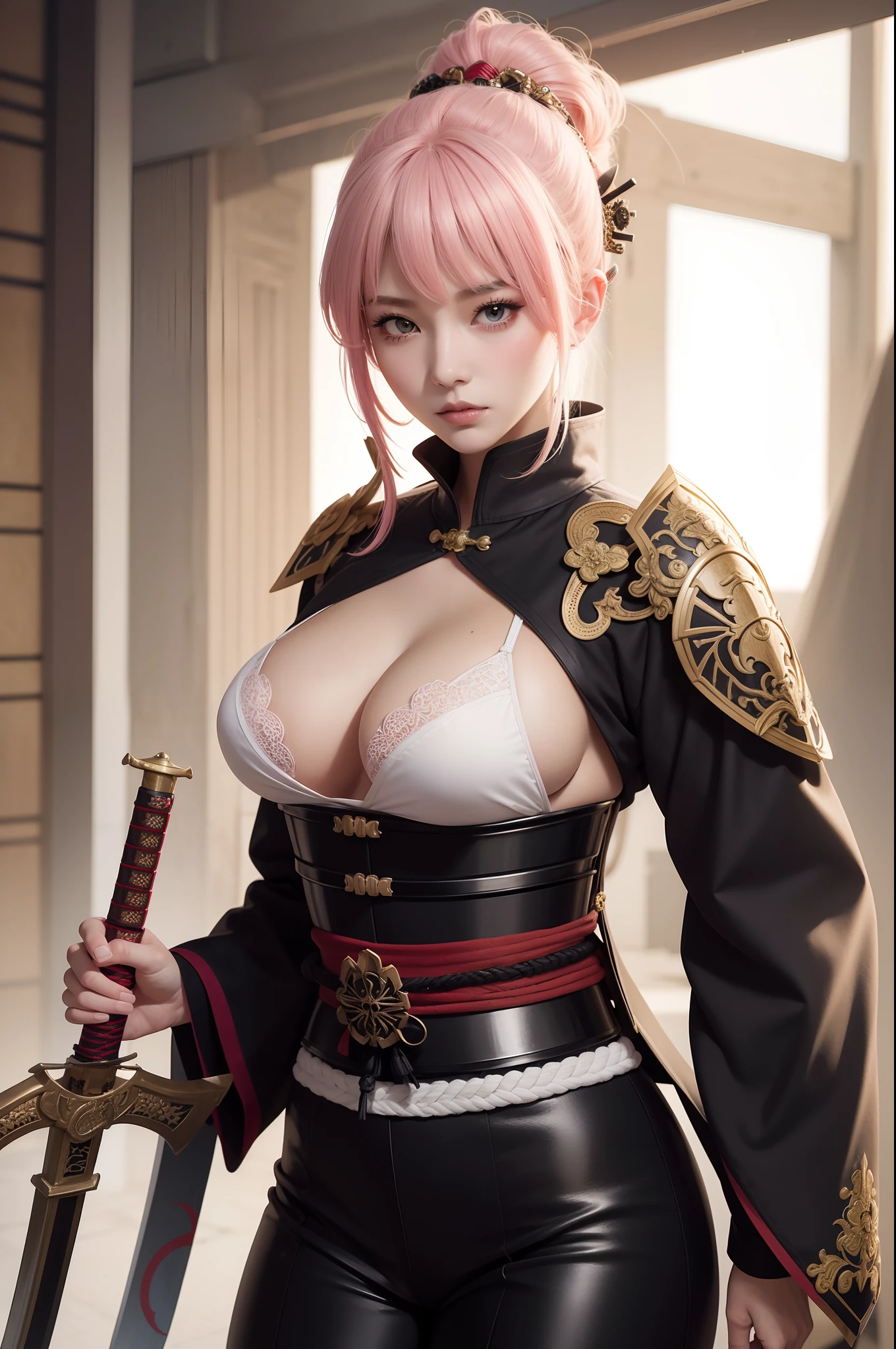 arafed woman in a costume holding a sword and a sword, she is holding a katana sword, very beautiful cyberpunk samurai, female samurai, wearing kimono armor, ornate korean polearm behind her, she is holding a sword, holding a sword on her shoulder, wearing kimono armour, dressed in samurai armour, portrait shot, samurai outfit, ornate cosplay, sexy look, big breast, sexy pose, show breast, light pink hair