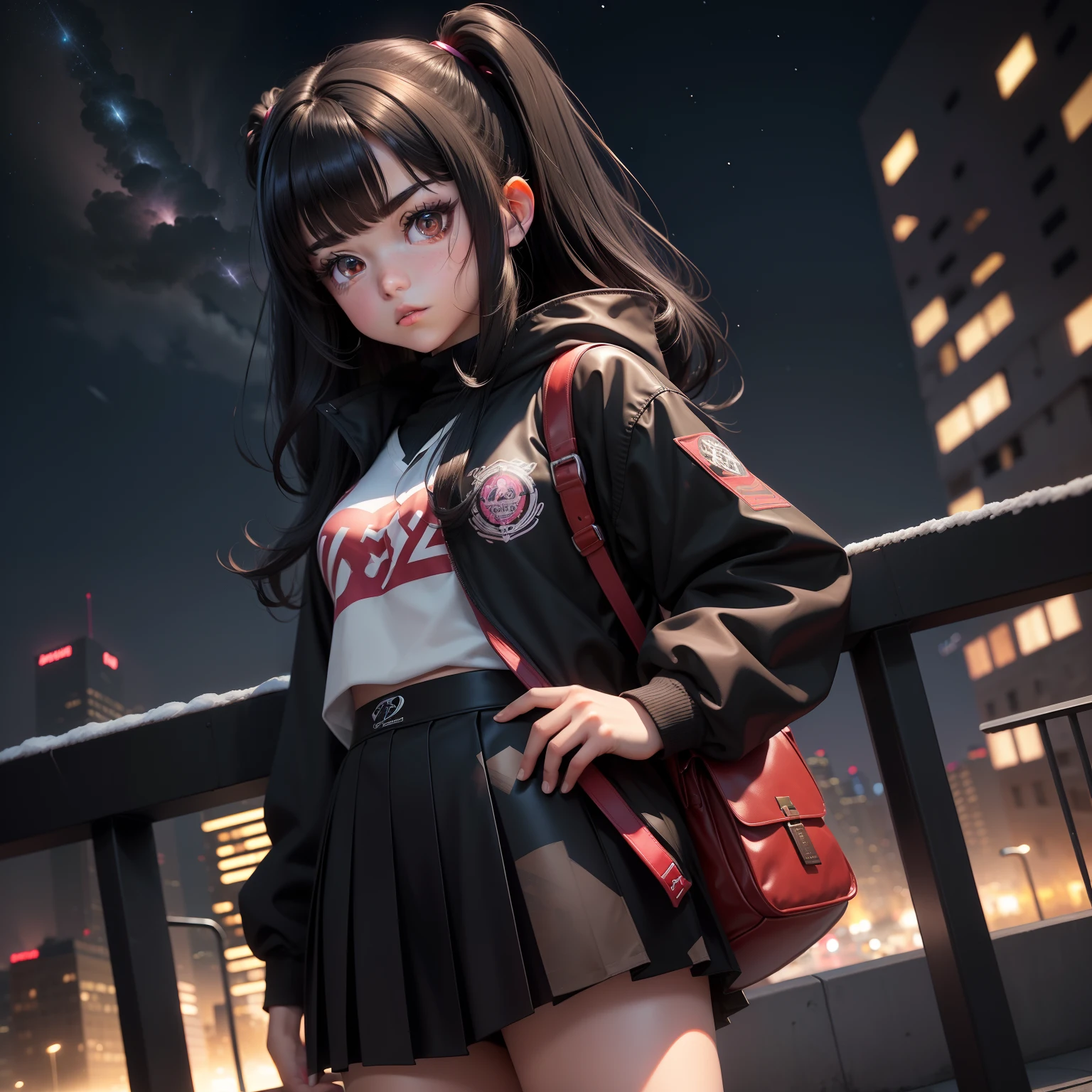 an animated character(teens girl　Dark hair　Twin-tailed　Black eyes　　de pele branca　12year old　校服）
 Night city in the background