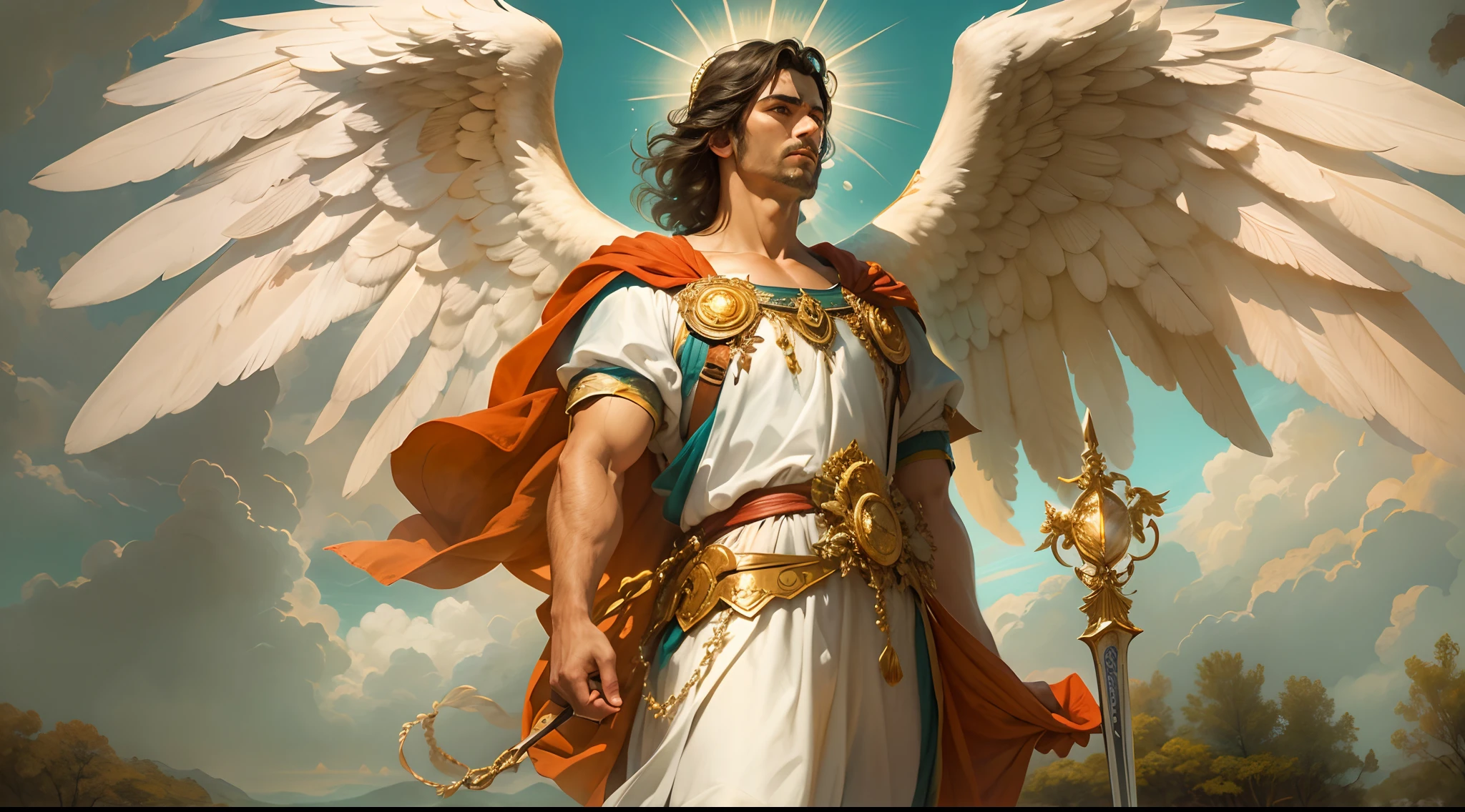 Closeup of an image a man angel with a large and long sword with attack position in right hand, in the other left hand holding a scale, Angel dressed as a Roman soldier looking at the ground, arcanjo homem com asas grandes, o anjo da fortuna, perfeito, Realistic, Biblical setting, Biblical Paradise Setting, sol e nuvens ultras realistas, flores e velas, illuminated archangel of heaven, flores coloridas, velas acesas, roupas brancas e vermelhas, velas incandecentes