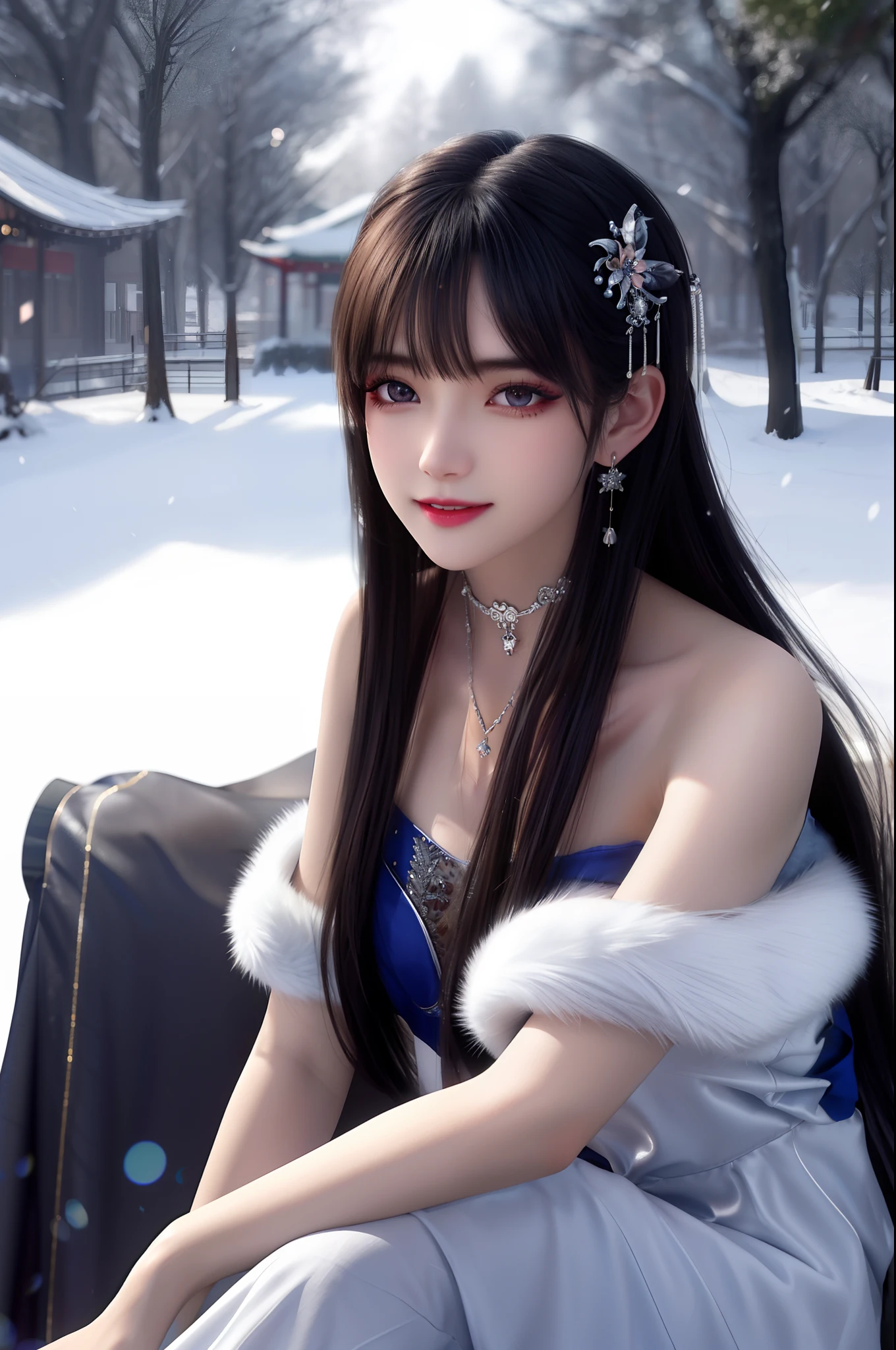 best qualityer，8K， tmasterpiece， A high resolution， 1girll， Clear silk porcelain dress， Fur coat， hair adornments， ssmile， Keep one's mouth shut， cparted lips，Large breasts，Shoulder， shift dresses， hair adornments， choker necklace， jewely， Chinese outfit， long whitr hair， 耳Nipple Ring， Detailed beautiful eyes， detailed eyelashes， beautiful  face，after sexing_Body，Slender and long legs， Tyndall effect，realisticlying， edge lit， twotonelighting，（highdetailskin：1.2）， 8K, Ultra HD， digital SLR camera， gentle illumination， high high quality， Volumetriclighting， Frankness， photore， A high resolution， Bokeh， at a forest， Falling snow， Winters， in the afternoon