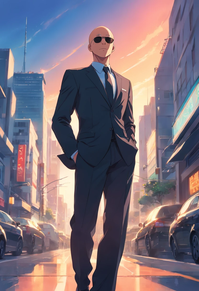 man,bald tall slim sexy in elegant black suit with black sunglasses