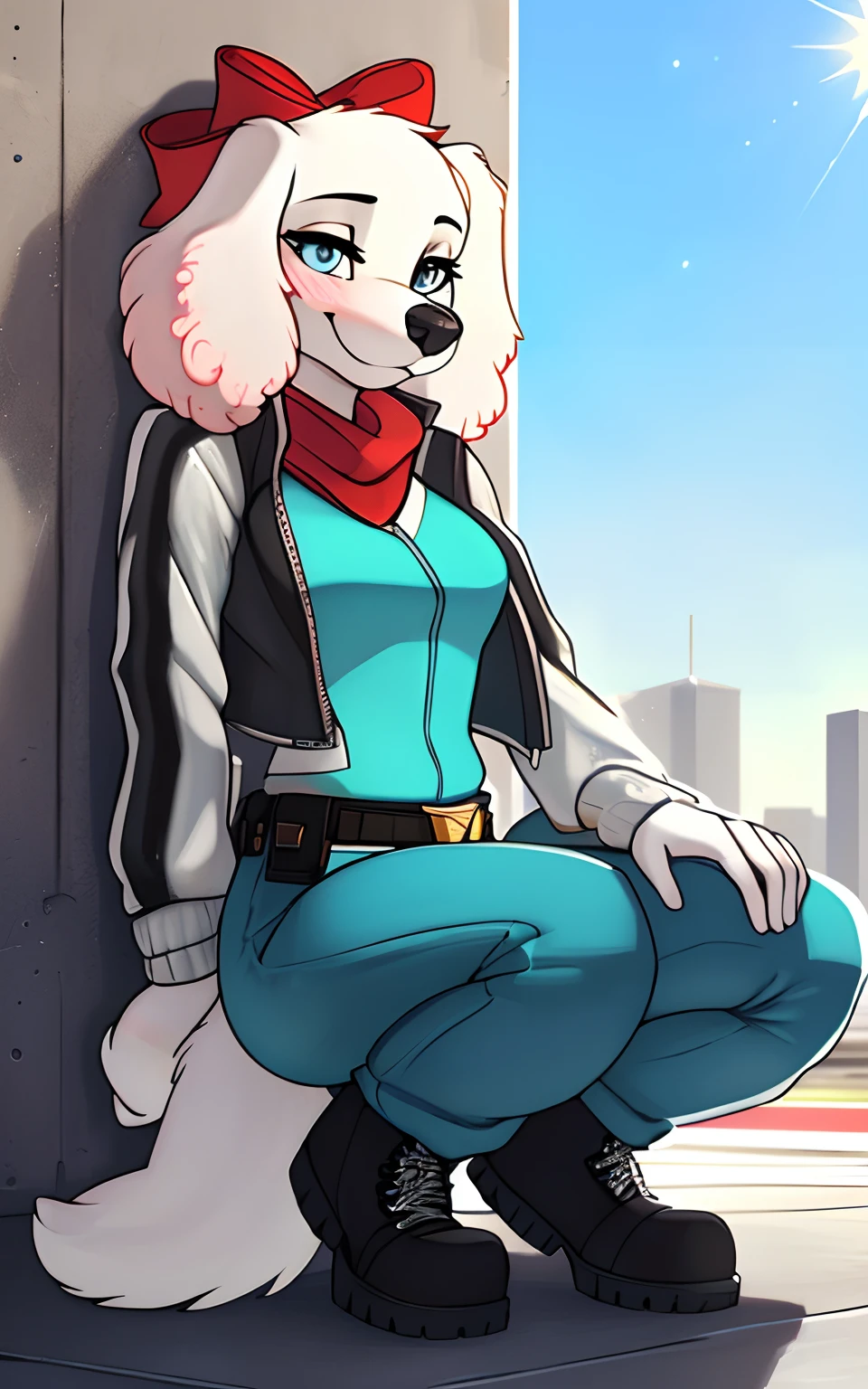 [fay spaniel], [Uploaded to e621.net; (mayosplash), (Pixelsketcher)], ((masterpiece)), ((solo portrait)), ((full body)), ((furry; anthro dog)), ((detailed fur)), ((detailed shading)), ((beautiful render art)), ((cel shading)), {(anthro labradorpoodle), white fur, black nose, (long white floppy labrador ears), cute round blue eyes, white hair, (cute smile), (blushing)}, {(teal zip-up track jacket), red scarf, (giant red hair-bow on top of head), (white leather jacket with shiny texture), (teal pants), (utility belt with gold triangle belt buckle), (grey combat boots)}, {(squatting on concrete), (head resting on hand)}, [background; (air force base), (jet runway), (bright sunny sky), (bright sun)]