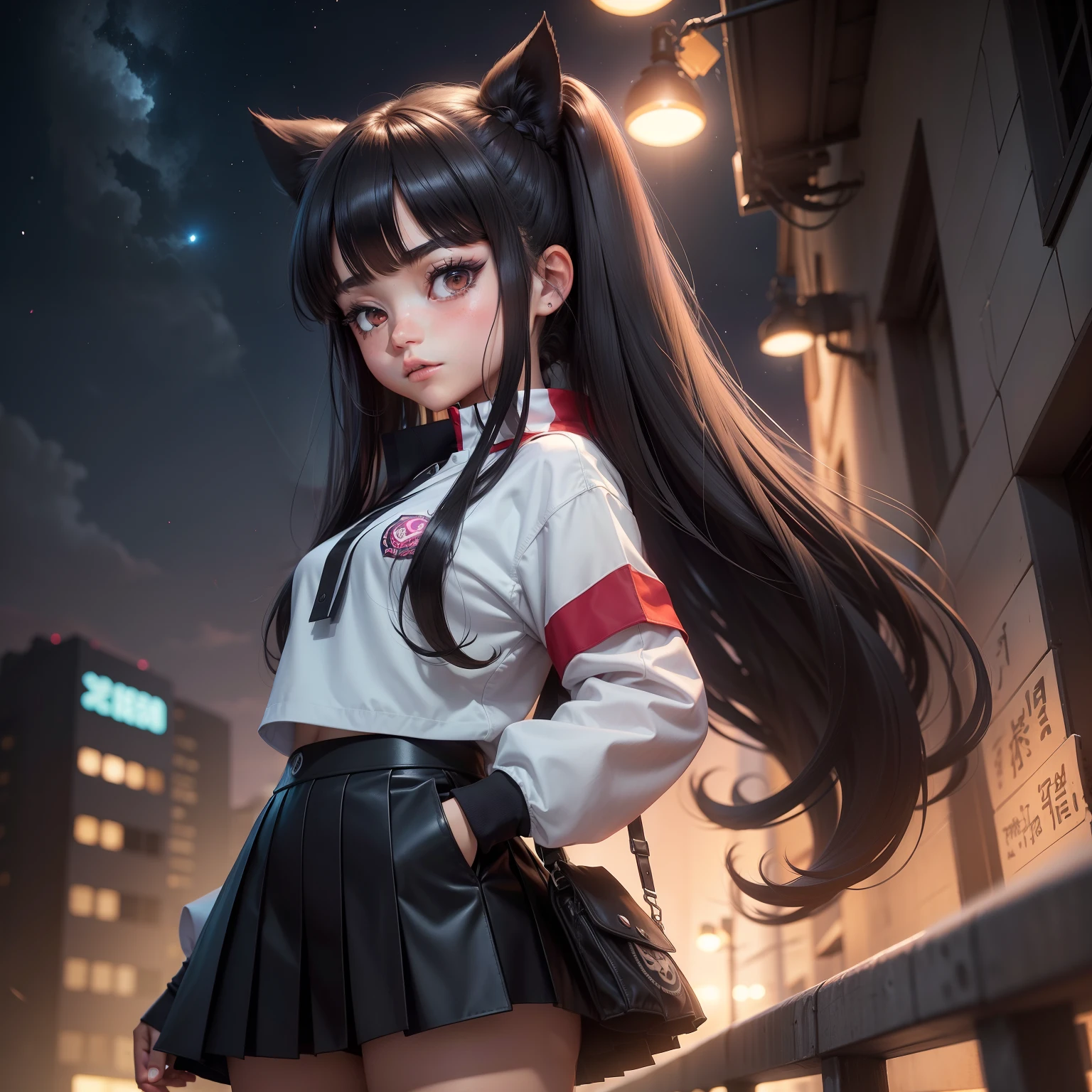 an animated character(teens girl Dark hair Twin-tailed Black eyes de pele branca 12year old 校服)
Night city in the background