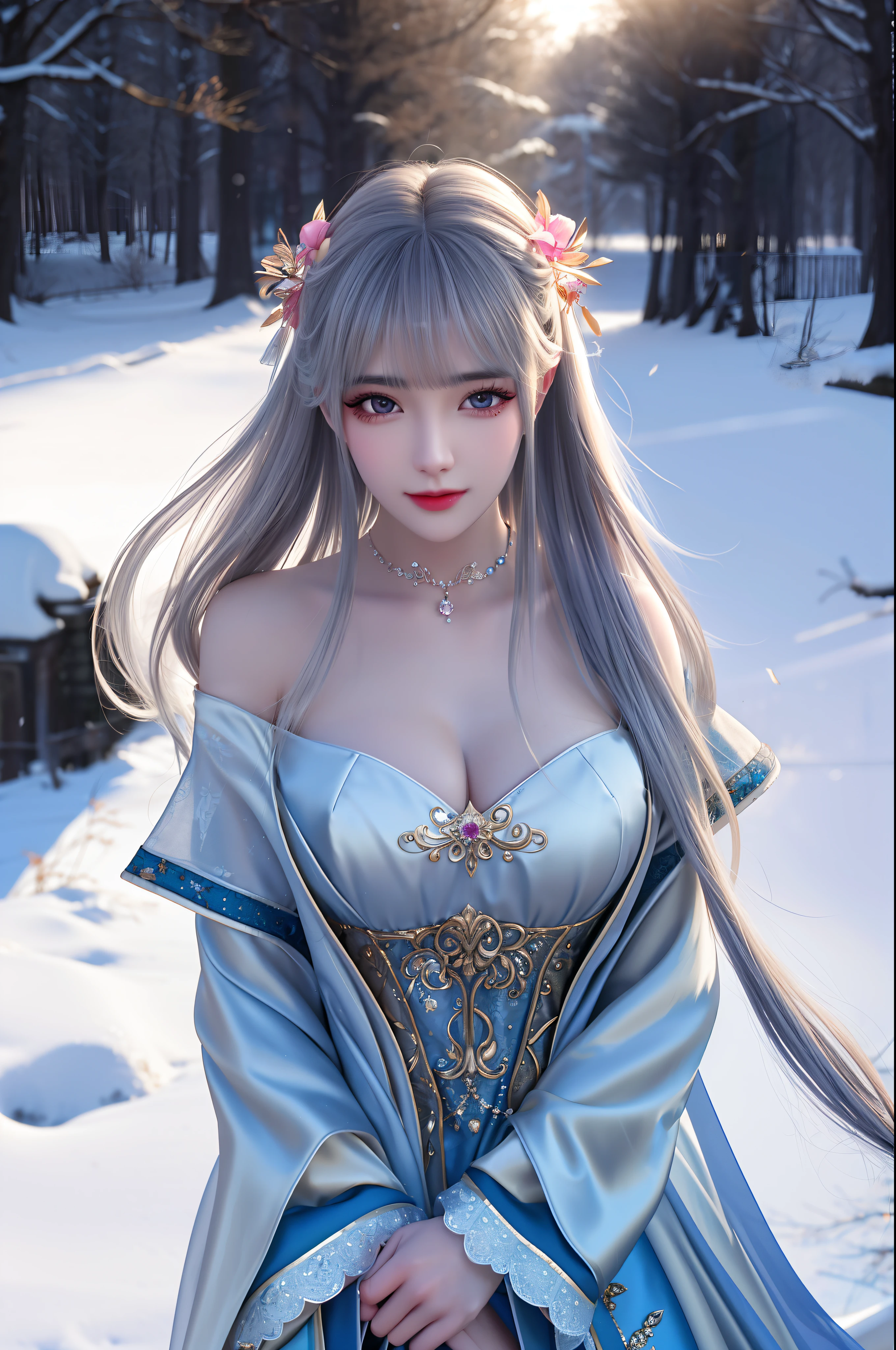 best qualityer,8K, tmasterpiece, A high resolution, 1girll, Clear silk porcelain dress, Fur coat, hair adornments, ssmile, Keep one's mouth shut, cparted lips,Large breasts,Shoulder, shift dresses, hair adornments, choker necklace, jewely, Chinese outfit, long whitr hair, 耳Nipple Ring, Detailed beautiful eyes, detailed eyelashes, beautiful face,after sexing_Body, Tyndall effect,realisticlying, edge lit, twotonelighting,(highdetailskin:1.2), 8K, Ultra HD, digital SLR camera, gentle illumination, high high quality, Volumetriclighting, Frankness, photore, A high resolution, Bokeh, at a forest, Falling snow, Winters, in the afternoon