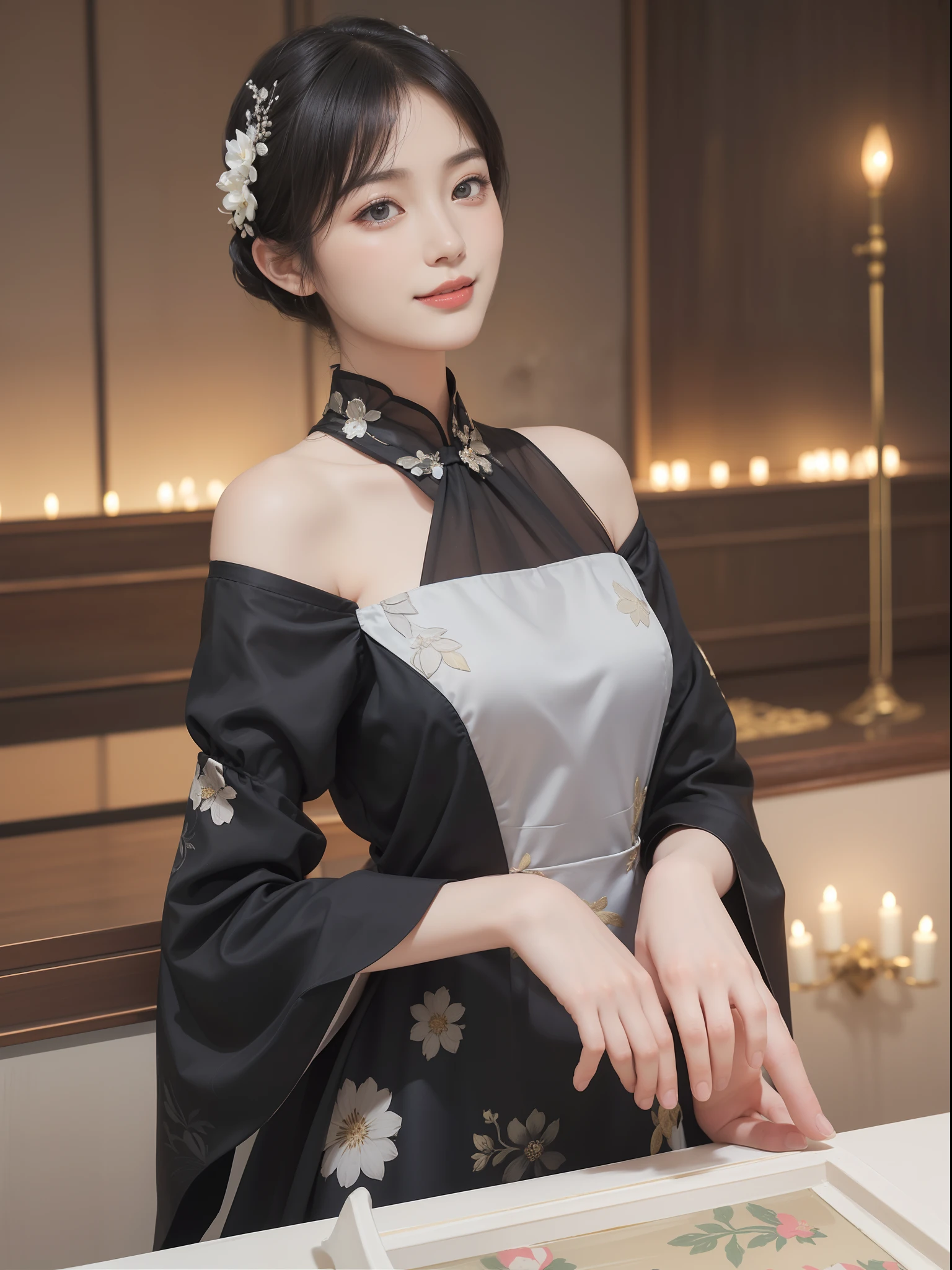 ((Best Quality))), (8K picture quality), ((masutepiece)), (Very sophisticated、Beautiful fece), (wearing dresses) , (1womanl), (Black shorthair), Dress up, with floral pattern, Soft silk fabric, 电影灯光, Gentle expression, (A slight smil:1.3), ((lightand shade contrast)), Luxurious interior windowsill