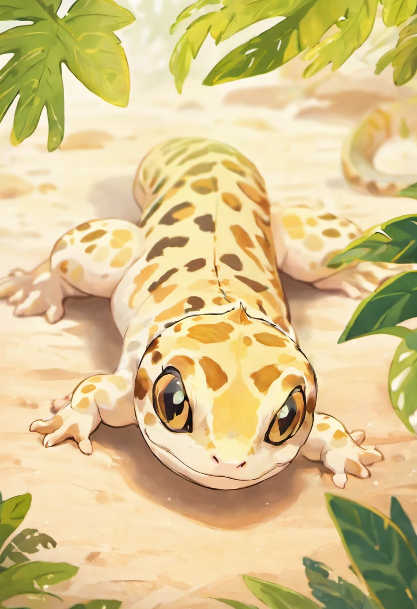 In this captivating illustration, a Leopard Gecko basks in the warmth of its desert habitat, showcasing its distinctive and endearing features. Leopard Geckos, known for their charming appearance and gentle disposition, are a beloved subject in the world of herpetology and wildlife art. Drawn by sowsow pokemon artist,

The Leopard Gecko's body is a tapestry of enchanting patterns and earthy tones. Its skin is adorned with intricate, dark leopard-like spots that contrast beautifully against a backdrop of creamy or tawny hues. These patterns, often unique to each individual, give the gecko its name and lend it an air of natural elegance.

One of the Leopard Gecko's most charming features is its large, expressive eyes. They possess a velvety, almost dreamy quality, radiating an inquisitive and gentle demeanor. The gecko's eyes are equipped with specialized adaptations, such as vertical pupils, which enhance its hunting abilities, and convey an air of captivating mystery. White background, 

The gecko's body is slender and graceful, with a prehensile tail that adds to its agility and charm. Its limbs are equipped with delicate, yet nimble toes, each adorned with adhesive toe pads that allow the gecko to navigate its rocky and arid habitat with ease. The gecko's mouth, finely detailed and often curved in a contented smile, hints at its insectivorous diet.

This portrayal captures the essence of the Leopard Gecko's unique charm, making it a delightful tribute to this captivating and cherished reptile species. White background, who of gecko is visible,