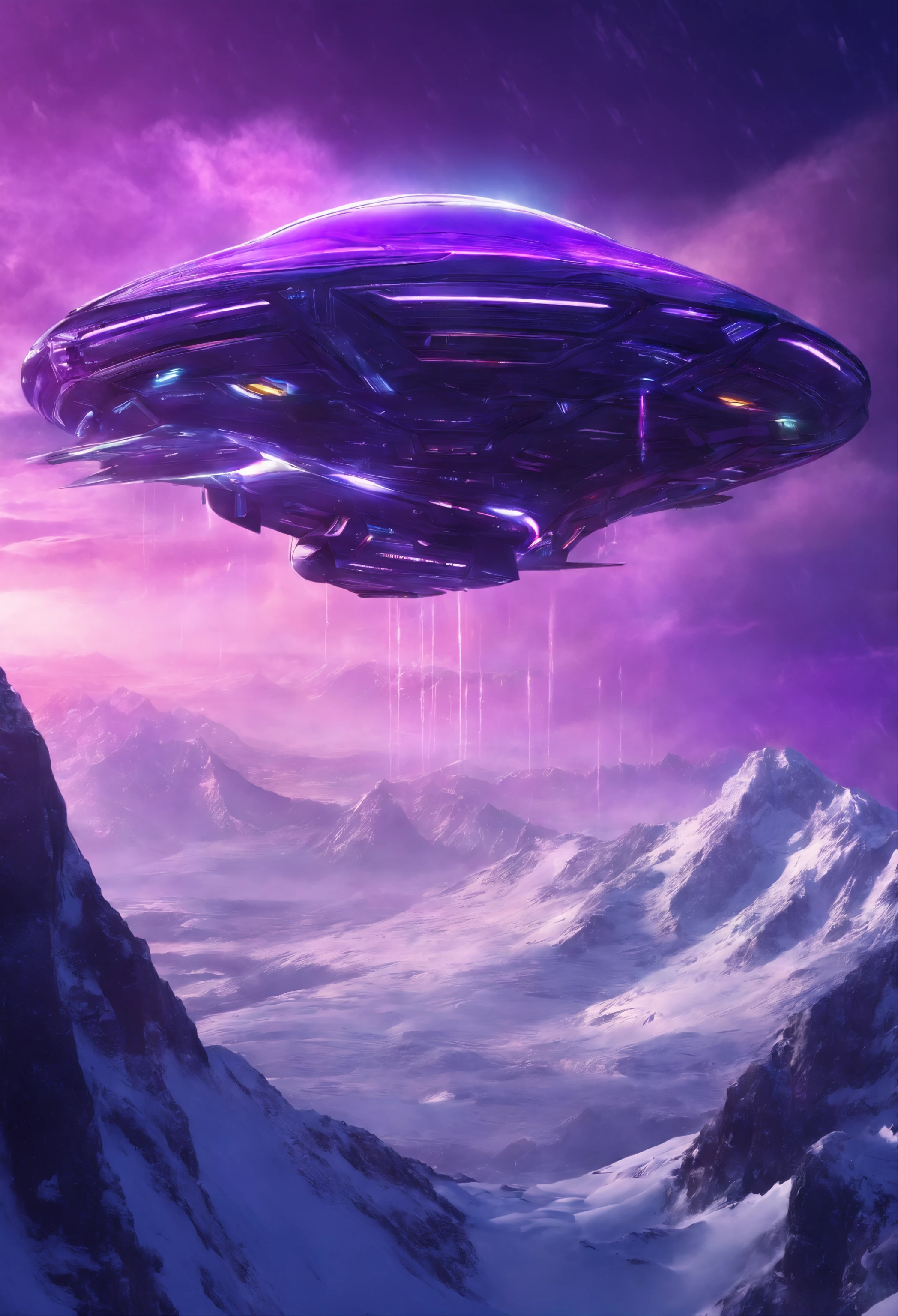 Futuristic alien spaceship flying over snowy mountains, dark sky, purple color lighting, Rain,Lightning, Hyper realistic, Highly detailed,8K