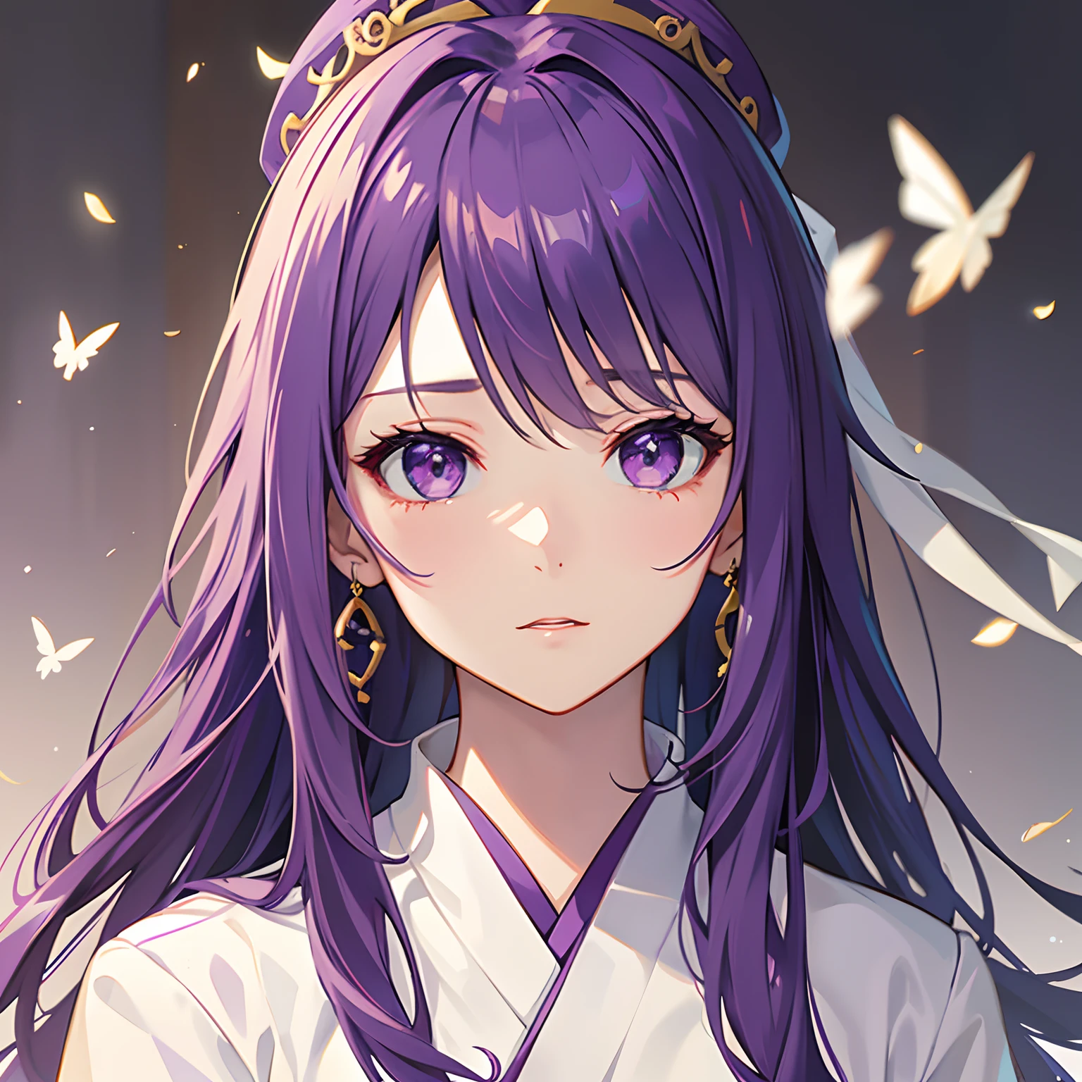 Anime girl with purple hair, China-style, high detal, A high resolution, quadratic element, anime moe art style, anime visual of a cute girl, a beautiful anime portrait, HD, Smooth anime CG art, Anime art wallpaper 8 K,high high quality,comic strip,sportrait,A princess,Hanfu,face expressionless,Purple eye,Keep your mouth shut,woman,long whitr hair