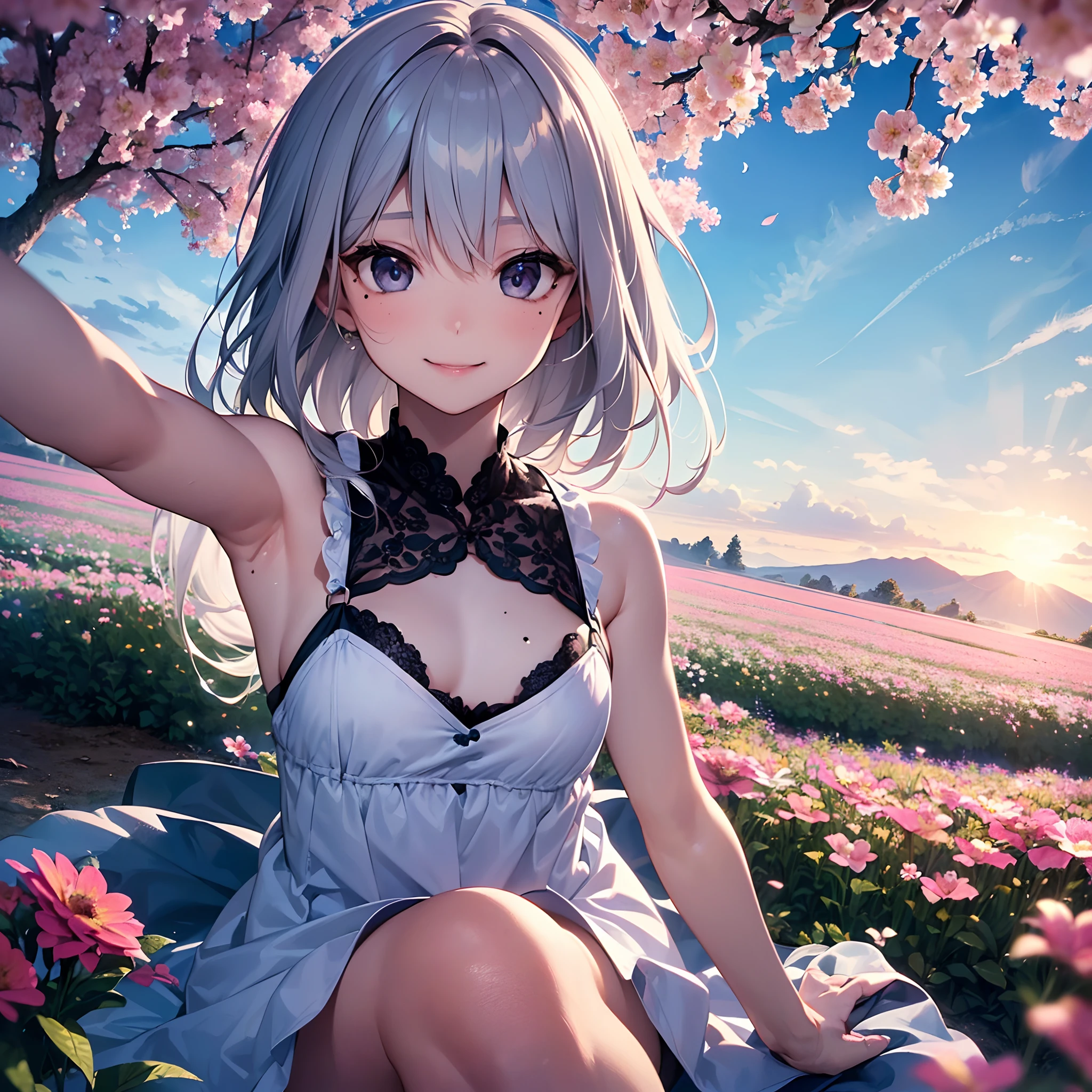 (Sunset Scene, Soft lighting, High saturation):1.4, Vivid lighting, Enchanting elegance, Atmospheric Depth, Great technology, Naturalistic representation, Harmonious composition, Creative refinement, Striking contrast, (One beautiful girl), smile, Expose, Gray bob hair ,Volumetric Fog, Outdoor, Backlight, Small breasts, Show your chest