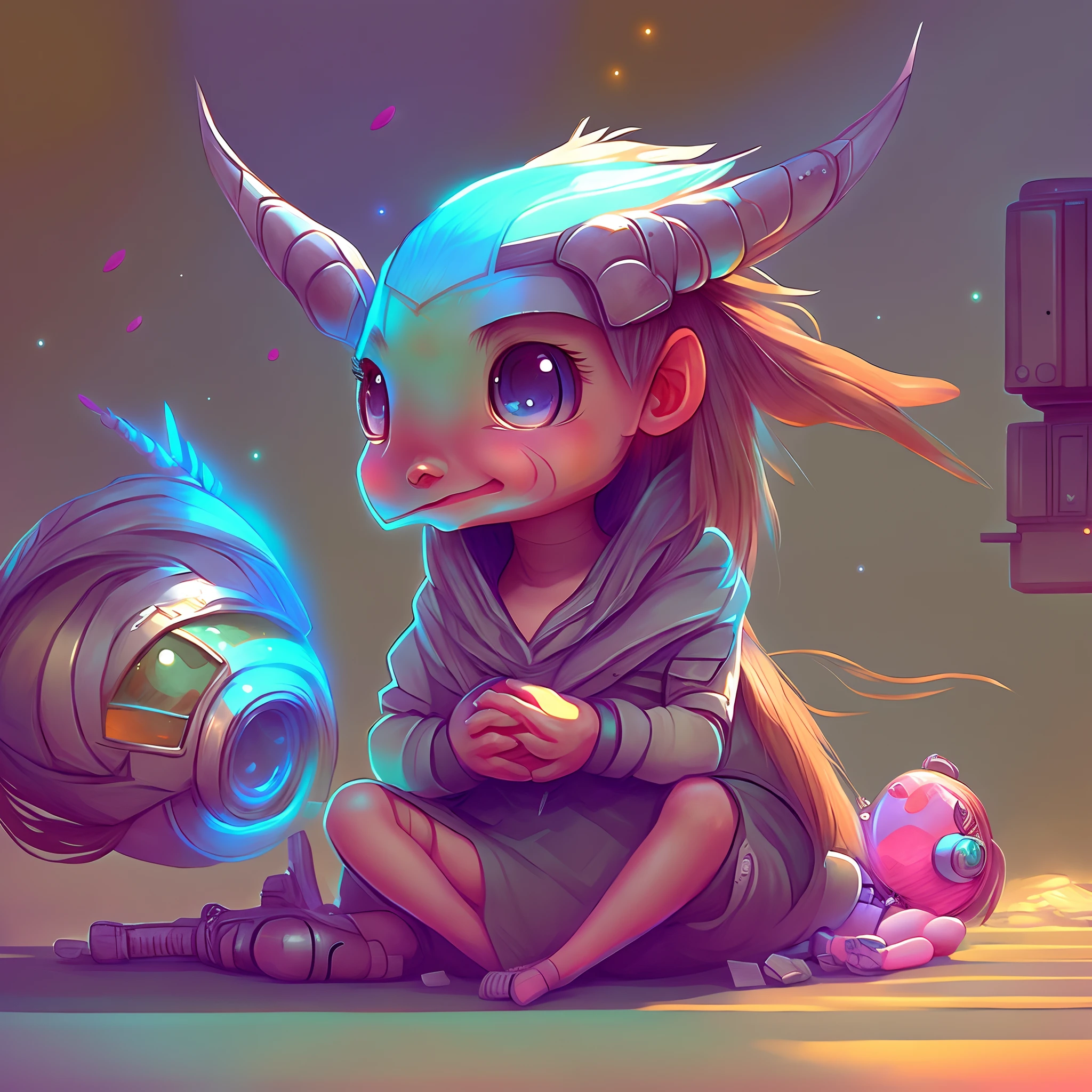 Cartoon picture of a  girl, sitting on the ground next to a giant object, beeple and jeremiah ketner, adorable digital painting, childrens art in artstation, cute detailed digital art, digital 2d fantasy art, detailed digital 2d fantasy art, Ryan Yee, Artstation contest winner, [ trending on CGsociety ]!!, cute character, detailed fanart