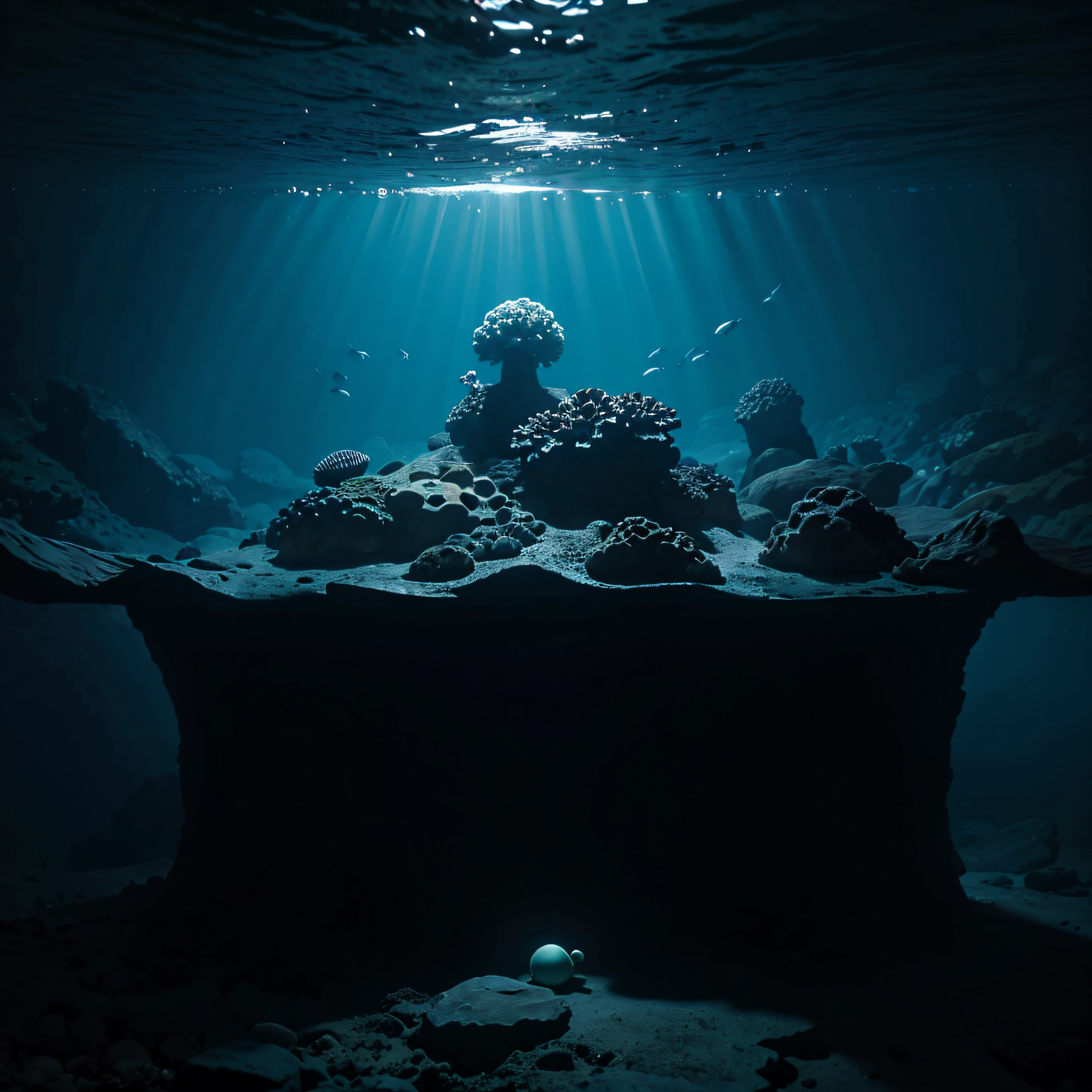 (extremadamente detallado, obra maestra, La mejor calidad, Under the Ocean), Estilo oscuro, volumetric illumination. textura de babosa, piel de caracol. ahogados flotando de fondo. Rococo composition.