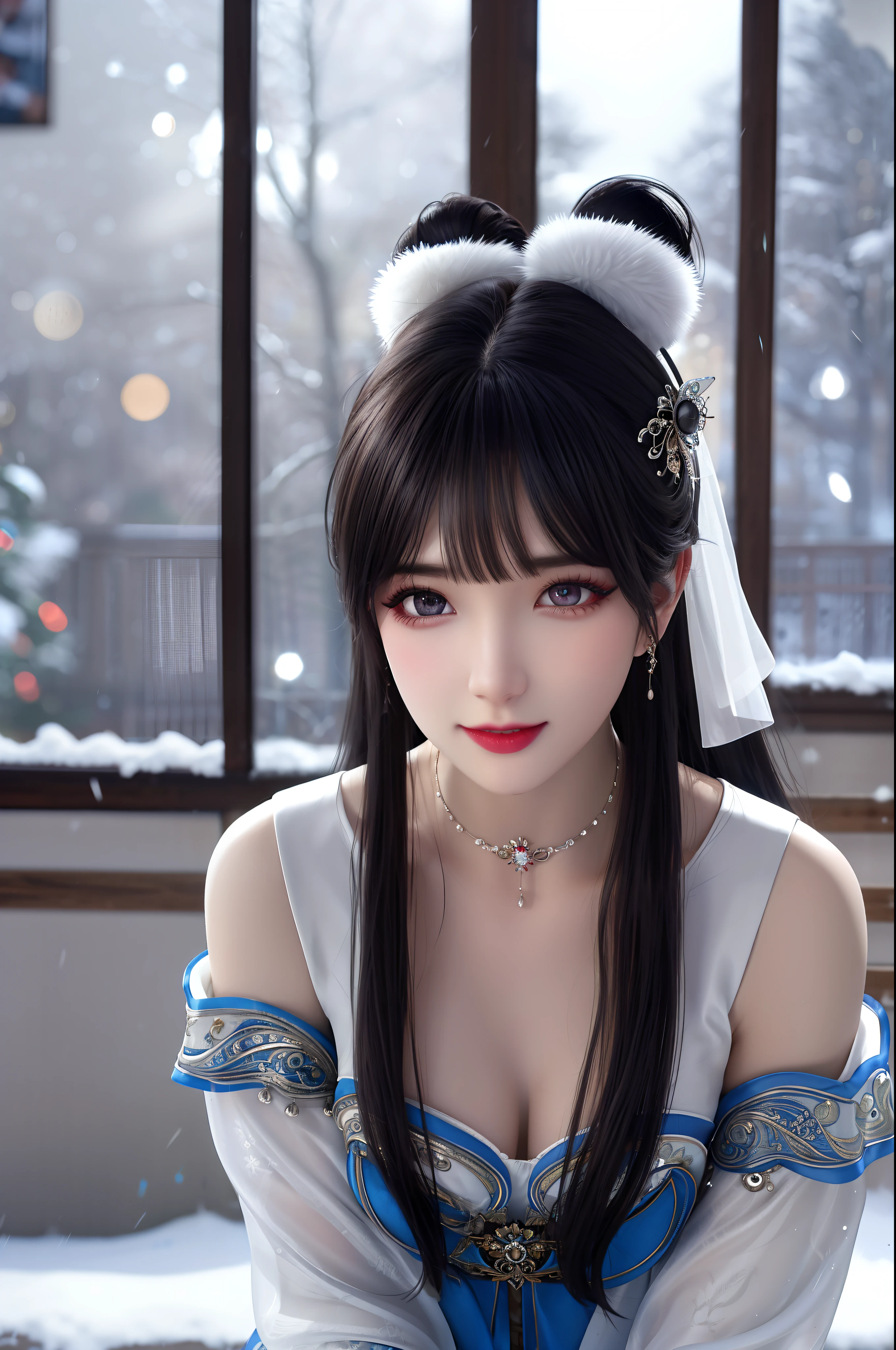 best qualityer,8K, tmasterpiece, A high resolution, 1girll, Clear silk porcelain dress, Fur coat, hair adornments, ssmile, Keep one's mouth shut, cparted lips,Large breasts,Shoulder, shift dresses, hair adornments, choker necklace, jewely, Chinese outfit, long whitr hair, 耳Nipple Ring, Detailed beautiful eyes, detailed eyelashes, beautiful face,after sexing_Body,Slender and long legs, Tyndall effect,realisticlying, edge lit, twotonelighting,(highdetailskin:1.2), 8K, Ultra HD, digital SLR camera, gentle illumination, high high quality, Volumetriclighting, Frankness, photore, A high resolution, Bokeh, at a forest, Falling snow, Winters, in the afternoon