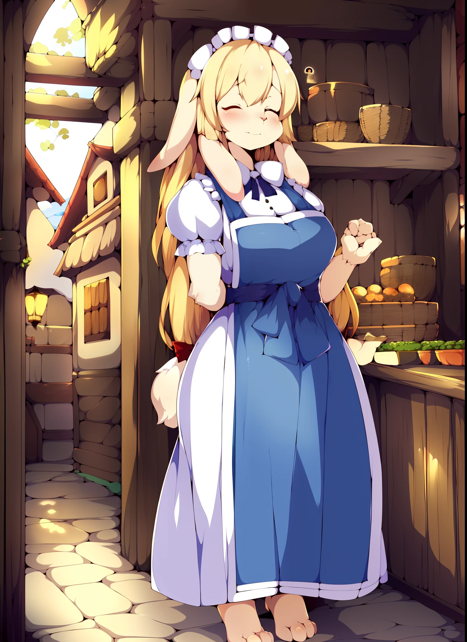 standing, rabbit, female, dress, innkeeper, apron, long hair, closed eyes, arms behind back, detailed impressionist painting of a village, 4k, absurd res, by kappadoggo, by zeekzag, by kishibe, masterpiece, best quality,