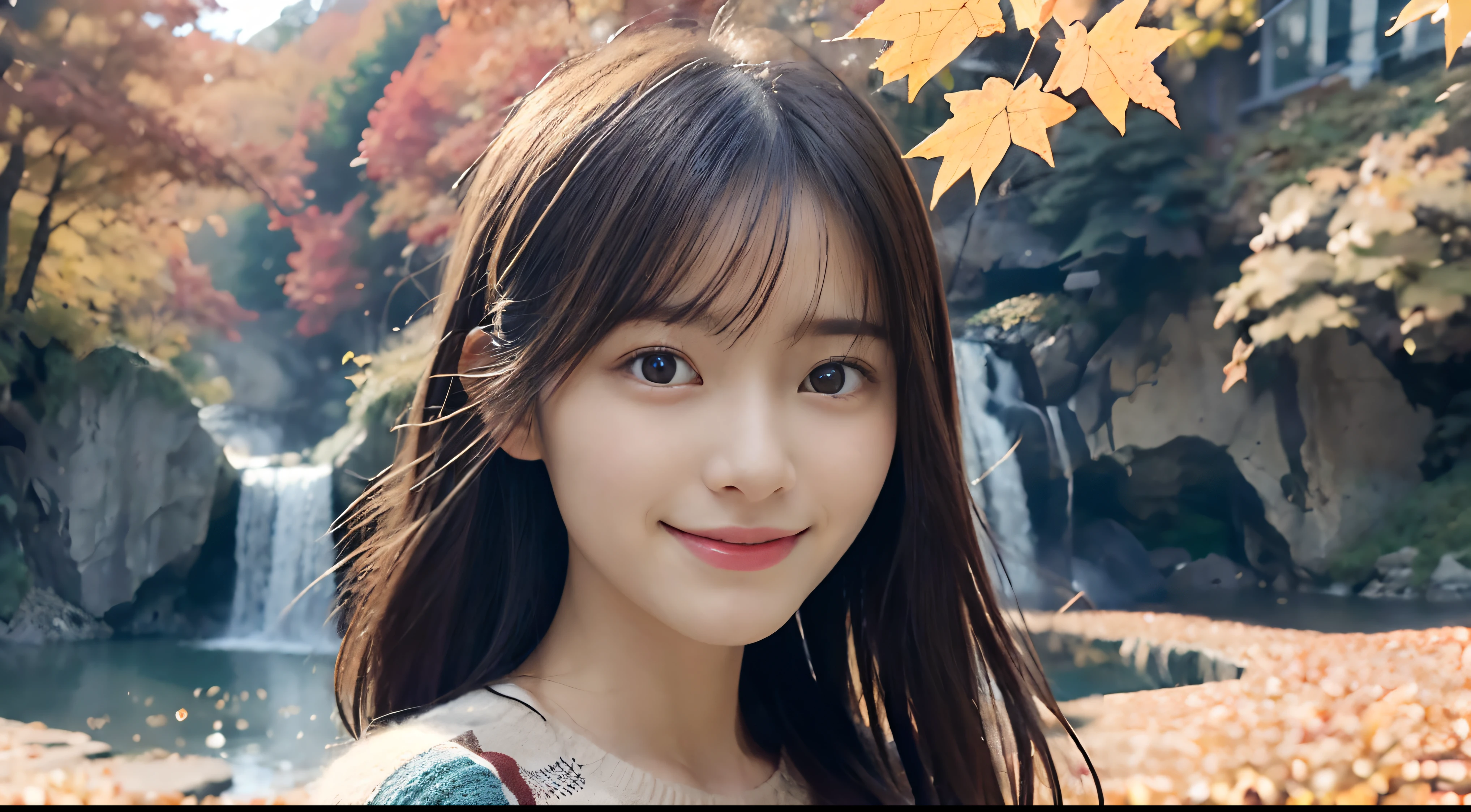 (Close up portrait of one girl with slender small breasts and very long hair in colorful autumn shirt and sweater:1.5)、(Smiling girl with hair fluttering in the wind stands on the edge of the screen:1.3)、(Waterfall and wonderfully beautiful autumn foliage background :1.3)、(Falling leaves:1.3)、(Perfect Anatomy:1.3)、(complete hands:1.3)、(complete fingers:1.3)、Photorealsitic、Raw photography、masutepiece、top-quality、hight resolution、delicate and pretty、face perfect、Beautiful detailed eyes、Fair skin、Real Human Skin、pores、((thin legs))、(Dark hair)