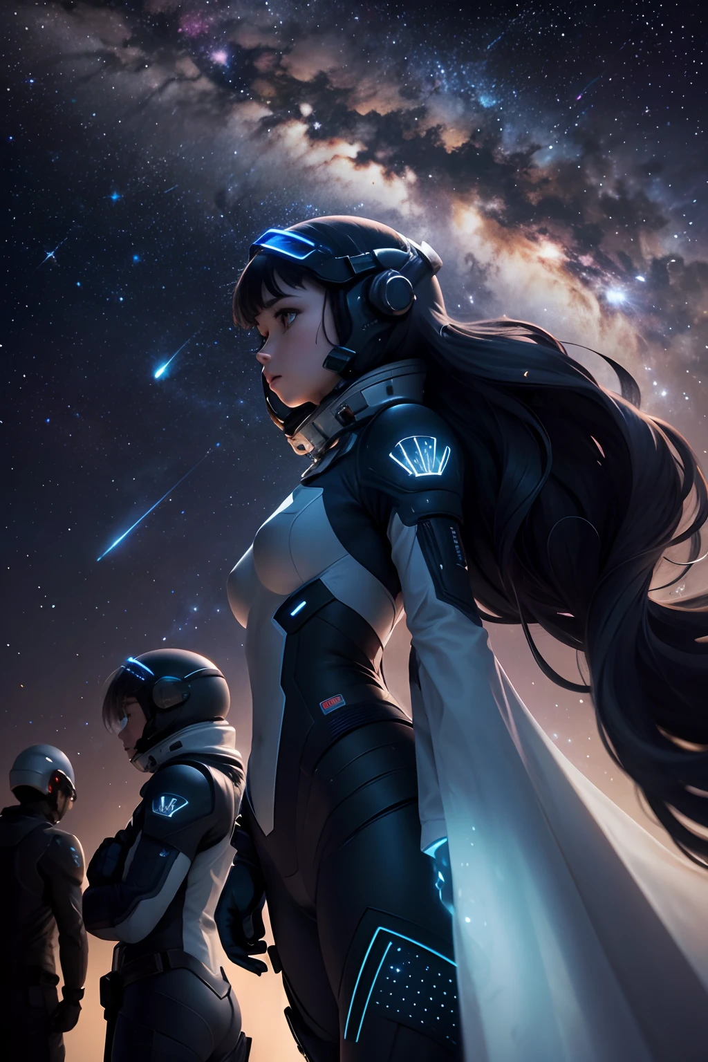 Against a starry backdrop, under the deep expanse of space, A group of individuals in spacesuits stare in awe at a shower of shooting stars.. Their faces illuminated by the glow of the stars and expressions full of wonder as shooting stars traverse the night sky in graceful arcs. The deep darkness of space accentuates their silhouettes, united in contemplation of the mesmerizing display of the shooting stars.