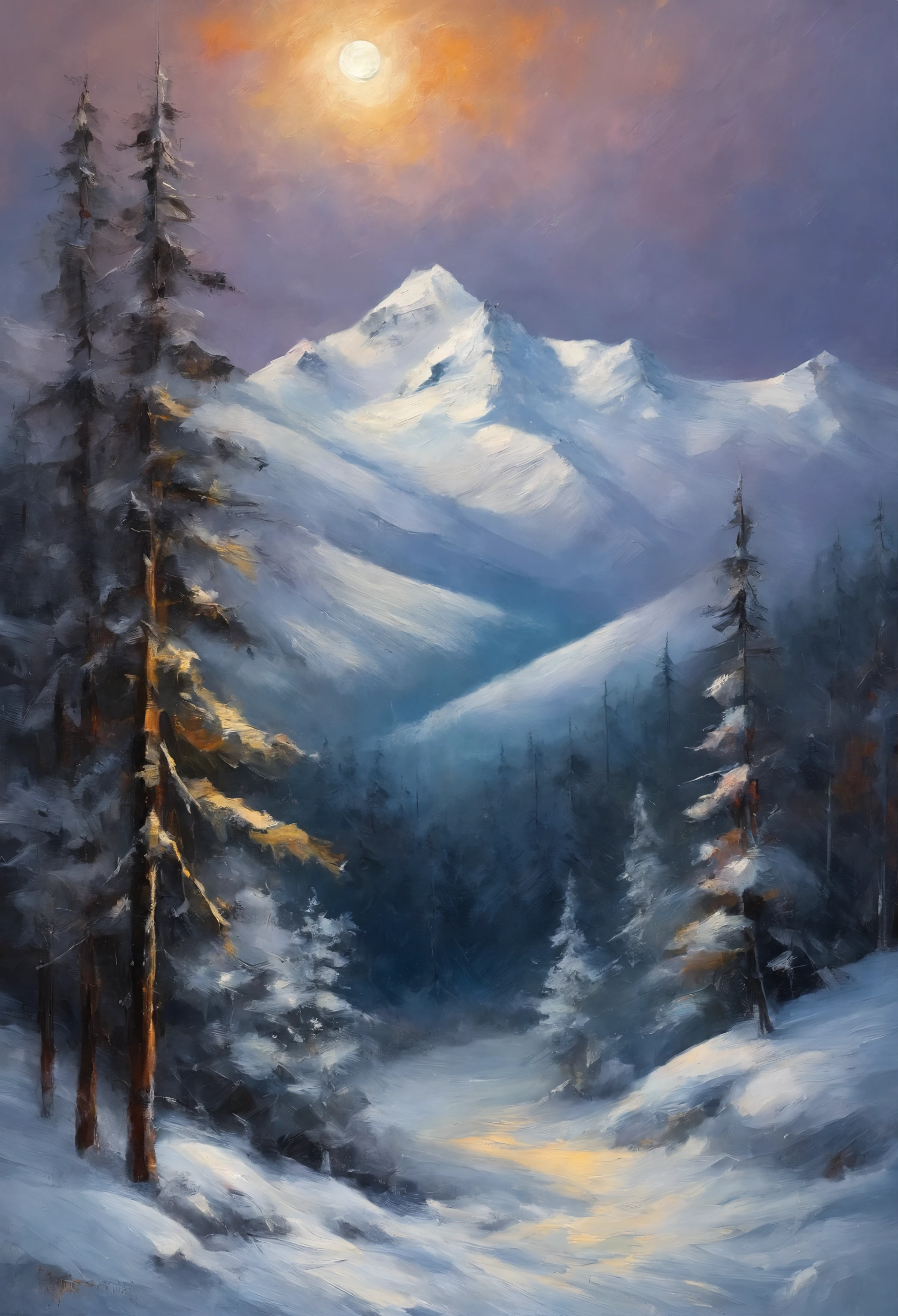 Snowy mountain night with snowy coniferous forest at the foot of the mountain。Full moon and many stars